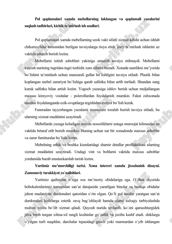 yorida bobokalonlarimiz tomonidan san’at darajasida yaratilgan binolar va boshqa obidalar jahon madaniyati durdonalari qatoridan o`rin olgan. qo`li gul ustalar yaratgan san’at durdonalari kishilarga estetik zavq bag`ishlaydi hamda ularni axloqiy tarbiyalashda muhim vosita bo`lib xizmat qiladi. quyosh nurida tovlanib, ko`zni qamashturgidek jilva berib turgan xilma-xil rangli koshinlar go`zallik va joziba kashf etadi. shiklarga o`yilgan turli naqshlar, darchalar tepasidagi ganch yoki marmardan o`yib ishlangan panjaralar, devorlarning pastki qismiga o`rnatilgan mamar toshlarning o`ymakor naqshlari va ko`kka bo`y cho`zgan minoralarning qomati, ularga mutanosib ishlangan gullar bir vaqtlar sharqda madaniyat juda yuksak darjada bo`lganligadan dalolat beradi. yodgorlardagiquyosh nurida tovlvnvyotgan sarkor koshinlar, nafis naqshu nigoralar beixtiyor kishilarni o`ziga maftun etadi. bu naqshu nigoralar bir necha asrlar ilgari yaratilgan bo`lsa ham hozirgacha o`z nafosatini, nafisligini, ko`rkini yo`qotmagan. yuksak did bilan ishlangan bezaklar bizni hozirgacha hayratga solib kelmoqda. hatto horijiy mamlakatlardan kelgan sayohatchilar ham mamlakatimizdagi qadimiy binolarni, ularga ishlangan naqshu nigoralarni ko`rib lol qolmoqdalar, o`zlarining iliq so`zlarini yozib …