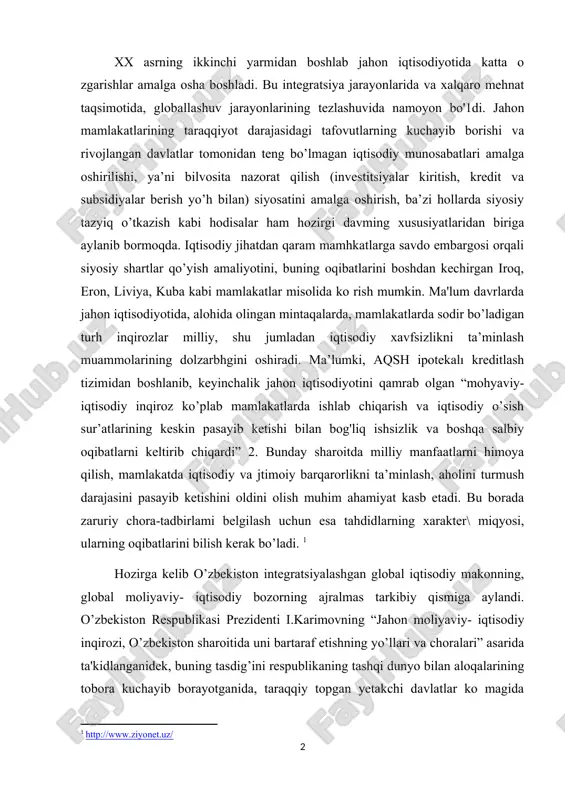 ning ajralmas tarkibiy qismiga aylandi. o’zbekiston respublikasi prezidenti i.karimovning “jahon moliyaviy- iqtisodiy inqirozi, o’zbekiston sharoitida uni bartaraf etishning yo’llari va choralari” asarida ta'kidlanganidek, buning tasdig’ini respublikaning tashqi dunyo bilan aloqalarining tobora kuchayib borayotganida, taraqqiy topgan yetakchi davlatlar ko magida iqtisodiyot tarmoqlarini rivojlantirish, modernizatsiya qilish, texnik va texnologik qayta jihozlash bo’yicha dasturlarni amalga oshirilayotganligida, o’zbekistonning xalqaro savdo tizimiga integratsiyalashuvida va boshqalarda ko rish mumkin. bunday sharoitda mamlakat korxonalarini tashqi bozorlarda raqobatbardosh bo’lishini ta’minlash, dunyo bozorlari talabiga javob beradigan mahsulotlar ishlab chiqarish, eksportni rag'batlantirish, milliy iqtisodiyotning raqobatbardoshligini oshirish muhim ahamiyat kasb etadi. iqtisodiyotning raqobatbardoshligini ta’minlash esa mamlakat iqtisodiy xavfsizlıgini ta’minlashning muhim ornili bo’lık hisoblanadi. bozor munosabatlari sharoitida iqtisodiy xavfsizlikni ham, milliy xavfsizlikni ham birdek ta’minlash davlatning eng asosiy funksiyalaridan biri bo’lıb hisoblanadi. amerikalik mutaxassislarning fıkriga ko ra, iqtisodiy xavfsizlik ta’minlanishi uchun kamida ikkita shart bajarilishi kerak: birinchisi, mamlakatning iqtisodiy mustaqilligini, xo’jalikning taraqqiy etishiga tegishh bo’lgan qarorlarni o'z manfaatlaridan kelib chiqib qabul qilish …