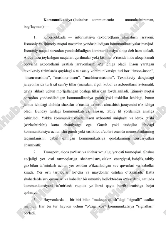 bilan “muloqot qilish”dagi “signalli” usullar majmui. har bir tur hayvon uchun “oʻziga xos” kommunikatsiya “signallari” boʻladi. muloqot odamlarning o'zaro munosabatlarini o'rnatishning ko'p bosqichli murakkab jarayoni. hech kim muloqotni doimiy ravishda axborot almashish, suhbatdoshlar o'rtasida tushunish va his qilish bilan bog'liqligini shubha qilishni istamaydi. psixologlarning fikricha, muloqotda shaxsning ahamiyati va ehtiyoji, insonning shakllanishi va rivojlanishi uchun ajralmas shartdir. ma'lumki, psixologiyada muloqot funktsiyalari juda ko'p, ular turli xil semantik yuklarni olib yurishadi, biroq maqsad odamlar uchun doimo bir xildir. psixologik muloqotning asosiy vazifalari: 1. aloqa funktsiyasi. 2. axborotning kognitiv funktsiyasi. 3. aloqa psixologik funktsiyasi. 4. aloqa funktsiyasi. 5. aloqa ijodiy funktsiyasi. asosiy xususiyatlar eng ko'p qo'llanilgan instinktlar darajasida muloqotning kommunikativ funktsiyasi . funktsiyaning semantik yuki suhbatdoshlar o'rtasida o'z qobiliyatlarini, bilimlarini, ko'nikmalarini uzatishdir. bir kishi nafaqat ma'lumot almashishni istamaydi, balki suhbatdoshning buni tushunganiga ham ishonch hosil qilishi kerak. keyingi funktsiya - muloqotning kognitiv funktsiyasi - kommunikativ funktsiyasi bilan chambarchas bog'liqdir, lekin asosiy farq …