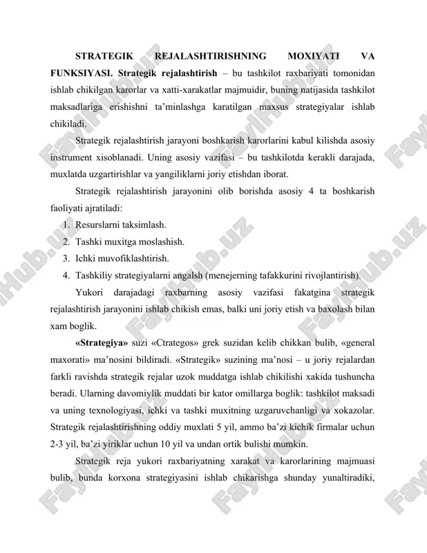 tlarida strategik rejalashtirish muammosi bilan juda kup olimlar shugullanib kelmokda. uning ish natijalari shuni kursatadiki, strategik rejalarni kullagan firmalar eng yukori tarakkiyotga erishgan. strategik rejalashtirish raxbarlar tomonidan tashkilot imkoniyatlari va tashki muxit xakida notugri axborotlar xisobiga notugri karor kabul kilishdagi tavakkalchilikni kamaytiradi. strategik rejalashtirish jarayoni kuyidagi boskichlardan iborat: tashkilot missiyasini aniklab olish, tashkilot maksadlarini belgilab olish, tashki muxit omillarini baxolash va taxlil kilish, tashkilot kuchli va kuchsiz tomonlari buyicha ma’muriy tadkikot utkazish, strategiyani tashlash, strategiyani amalga oshirish, strategiyani baxolash va birinchi boskichga kaytish. 8.1. rasm. strategik rejalashtirish jarayoni. strategik rejalashtirishda eng birinchi kadam bu tashkilot missiyasini tanlash. missiya – bu xozirgi vaktda va kelajakdagi iste’molchilarning manfaatini birinchi uringa kuyadigan tashkilotning asosiy va umumiy maksadidir. bu ushbu firmaning nima uchun bunyod etilganini va iste’molchilar manfaatlari nuktai-nazaridan karaganda, nima uchun zarurligini bildiradi. missiya firma strukturasini aniklaydi va kuyidagilarni uz ichiga olishi kerak: 1. firma kanday tadbirkorlik faoliyati bilan shugullanmokda. 2. firmaning tashki …