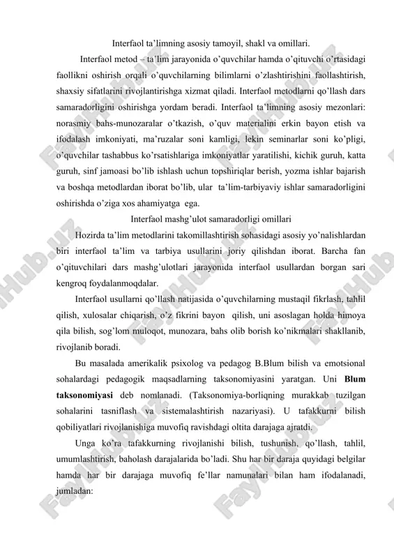 azariyasi). u tafakkurni bilish qobiliyatlari rivojlanishiga muvofiq ravishdagi oltita darajaga ajratdi. unga ko’ra tafakkurning rivojlanishi bilish, tushunish, qo’llash, tahlil, umumlashtirish, baholash darajalarida bo’ladi. shu har bir daraja quyidagi belgilar hamda har bir darajaga muvofiq fe’llar namunalari bilan ham ifodalanadi, jumladan: bilish-dastlabki tafakkur darajasi bo’lib, bunda o’quvchi atamalarni ayta oladi, aniq qoidalar, tushunchalar, faktlar va shu kabilarni biladi. bu tafakkur darajasiga muvofiq fe’llar namunalari: qaytara bilish, mustahkamlay olish, axborotni etkaza olish, aytib bera olish, yozish, ifodalay olish, farqlash, taniy olish, gapirib berish, takrorlash. tushunish darajasidagi tafakkurga ega bo’lganda esa, o’quvchi faktlar, qoidalar, sxema, jadvallarni tushunadi. mavjud ma’lumotlar asosida kelgusi oqibatlarni taxminiy tafsiflay oladi. bu tafakkur darajasiga muvofiq fe’llar namunalari: asoslash, almashtirish, yaqqollashtirish, belgilash, tushuntirish, tarjima qilish, qayta tuzish, yoritib berish, sharhlash, oydinlashtirish. qo’llash darajasidagi tafakkurda o’quvchi olgan bilimlaridan faqat an’anaviy emas, noa’nanaviy holatlarda ham foydalana oladi va ularni to’g’ri qo’llaydi. bu tafakkur darajasiga muvofiq fe’llar namunalari: joriy qilish, hisoblab chiqish, namoyish …