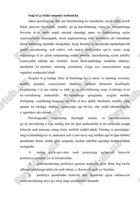 eptordan; 2) analizatorlarning periferiya qismini markaziy qism bilan bog`lovchi afferent (markazga intiluvchi asab tolasi), o`tkazuvchi asab yo`llaridan; 3) periferiya qismlaridan keluvchi nerv impulslari qayta ishlanuvchi analizatorlarning miya po`stlog`idagi qismlaridan iboratdir. boshqacha aytganda, periferik nervlarning uchlari (ko`z, quloq, teri, burun kabilar), ta`sirotni eltuvchi (affe​rent), javob qaytaaivchi (efferent) nerv tolalari, analiza​torlarning orqa va bosh miya markazlari analizatorini tashkil qiladi. jahon psixologiyasi fani so`nggi yutuqlari hamda atamalariga qaraganda sezgilar quyidagicha tasniflanadi (ushbu tasniflanishning dastlabki ko`rinishi ingliz olimi ch.sherringtonga tegishlidir): 1) tashqi muhitdagi narsa va hodisalarning xususiyat​larini aks ettirishga moslashgan hamda retseptorlarga gavdaning tashqi qismiga joylashgan sezgilar, ya`ni eksterio-retseptiv sezgilar (retseptorlar); 2) ichki a`zolar holatlarini in`ikos etuvchi hamda retseptorlari ichki a`zolarida, to`qimalarida joylashgan sezgilar, ya`ni interoretseptiv sezgilar; 3) gavdamiz va tanamizning holati hamda harakatlari haqida ma`lumot beruvchi, muskullarda, bog`lovchi paylarda, mushaklarda joylashgan sezgilar, ya`ni proprioretseptiv sezgilar. birinchi turkum sezgilarni ko`rish, eshitish, hidlash, teri-tuyush, ta`m-maza kabi turlar tashkil qiladi. ko`rish 380 dan 770 gacha millimikron …