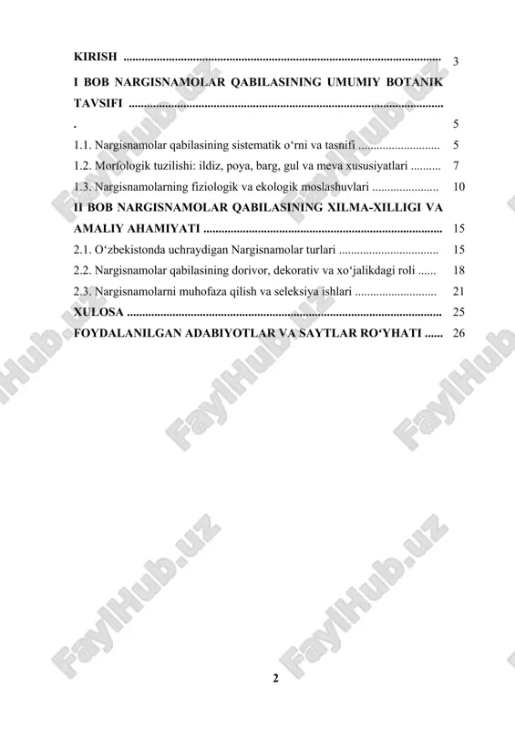 zgarishlari, antropogen omillar va tabiiy muhitga taʼsir etuvchi salbiy omillar sababli ayrim oʻsimliklar yoʻqolib ketish xavfi ostida turibdi. shu sababli, nargisnamolar qabilasiga kiruvchi turlarni oʻrganish, ularning biologik xususiyatlarini aniqlash va muhofaza qilish chora-tadbirlarini ishlab chiqish bugungi fan va amaliyot uchun nihoyatda muhimdir. kurs ishi ahamyati nargisnamolar qabilasi oʻsimliklarining biologik va ekologik xususiyatlarini oʻrganish nafaqat botanika fanining rivojiga, balki amaliyotda ham muhim ahamiyatga ega. ushbu kurs ishi orqali oʻrganiladigan nargisnamolar qabilasining xilma-xilligi, morfologik tuzilishi, fiziologik jarayonlari va amaliy qoʻllanilishi koʻplab sohalarda, xususan, agronomiya, ekoturizm, landshaft dizayni va farmatsevtika sohalarida dolzarb hisoblanadi. oʻsimliklarning faqat tabiiy muhitda oʻsishi emas, balki ularning inson hayotidagi amaliy ahamiyati, masalan, dorivor va dekorativ oʻsimlik sifatida qoʻllanilishi, ekologik muvozanatni saqlashdagi roli va bioxilma-xillikni saqlashdagi oʻrni alohida eʼtiborga loyiq. shuningdek, nargisnamolar qabilasi oʻsimliklarining seleksiyasi va yetishtirish texnologiyalari haqidagi bilimlar bu sohada ishlov berish va oʻsimliklar resurslaridan samarali foydalanishga yordam beradi. ushbu kurs ishining ahamiyati shundaki, u nargisnamolar qabilasining ilmiy …