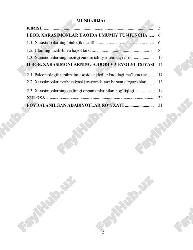 rni ishlab chiqqan. xarasimonlar, shuningdek, turli ekologik muammolarni hal qilishda, masalan, tuproqni barqarorlashtirishda, suv sifatini nazorat qilishda va boshqa ekologik jarayonlarda ishtirok etishadi. shu bilan birga, xarasimonlarning evolyutsiyasi va ularning qadimgi organizmlar bilan bog'liqligi haqida olib borilayotgan ilmiy tadqiqotlar bu o'simliklar guruhi tarixini yanada chuqurroq tushunishga yordam beradi. kurs ishida, zamonaviy yondashuvlar yordamida xarasimonlarning ajdodlarini o‘rganishning genetik va morfologik jihatlari ham yoritiladi. kurs ishi dolzarbligi – bugungi kunda ular ekologik monitoring va suv sifati nazorati sohalarida muhim rol o'ynamoqda. shuningdek, zamonaviy genetik va morfologik tadqiqotlar asosida xarasimonlarning evolyutsiyasi va ajdodlarini o'rganish, ularning biologik xilma-xilligini va ekologik muvozanatni saqlashdagi ahamiyatini aniqlashda katta ilmiy ahamiyatga ega. kurs ishining ahamiyati, xarasimonlarning ekologik va biologik o‘rni, evolyutsiyasi va ularning ajdodlarini o‘rganish orqali bu o‘simliklar guruhining tabiiy muhitdagi ahamiyatini chuqur tushunishga imkon yaratadi. ushbu tadqiqotlar ekologik tizimlar barqarorligini saqlash, suv sifati nazorati va boshqa muhim ekologik jarayonlarda xarasimonlarning rolini yanada yaxshiroq tushunishga yordam beradi. shuningdek, …