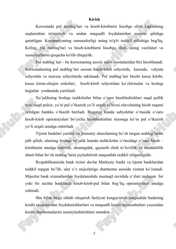 ul bilan bog’liq operatsiyalari amalga oshiradi. shu bilan birga ishlab chiqarish faoliyati kengaytirish maqsadida bankning kredit resurslaridan foydalanishlarilari va maqsadli kredit munosabatlari yuzasidan kredit shartnomalarini rasmiylashtirishlari mumkin. 1-pul mablag’lari va hisob–kitoblarning mazmuni hamda ularni hisobga olishning vazifalari bozor munosabatlari sharoitida xo’jalik yurituvchi subyektlarning ishlab chiqarish jarayonida doimo boshqa xo’jaliklar bilan iqtisodiy aloqada bo’ladilar. bunday aloqalarini olib borish xo’jaliklarning asosiy faoliyati hisoblanadi va ishlab chiqarish jarayonining uzluksizligi, mahsulotlarni o’z vaqtida jo’natish hamda sotish jarayoni ta’minlanadi. xo’jalik aloqalari shartnomalar bilan rasmiylashtirilib, ularga asosan bir tomon mahsulot (ish va xizmat) larni taklif etuvchi (sotuvchi), ikkinchi tomon esa – xaridor sifatida qatnashib, to’lovni amalga oshiruvchi bo’lib qatnashadi. mahsulot (ish va xizmat) larni yetkazib beruvchi bilan uning haqini to’lovchilar orasidagi hisoblashishlar o’z vaqtida tashkil etilishi aylanma mablag’larning aylanish tezlashishiga ta’sir qilib, olinadigan va to’lanadigan mablag’larning paydo bo’lishiga barham beradi. shuningdek, xo’jaliklarning budjet va budjetdan tashqari mablag’lar bo’yicha tegishli idoralar hamda ishlab chiqarishda, boshqaruv apparatida faoliyat …