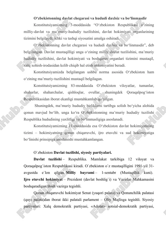 lata)dan iborat ikki palatali parlament – oliy majlisga tegishli. siyosiy partiyalari: xalq demokratik partiyasi, «adolat» sotsial-demokratik partiyasi, «milliy tiklanish» demokratik partiyasi, tadbirkorlar va ishbilarmonlar harakati o`zbekiston liberal-demokratik partiyasi. so`nggi yillarda hukumat tomonidan olib borilayotgan iqtisodiy siyosat bozor islohotlarini chuqurlashtirishga, xususiylashtirish va tadbirkorlikni kengaytirishga, moliyaviy va makroiqtisodiy barqarorlikni ta`minlashga, milliy valutani mustahkamlashga qaratilgan. chet el investitsiyalari kirib kelishiga imkoniyatlarning yaratilishi ishlab chiqarishning taraqqiy etishiga turtki bo`ldi. sanoatning rivojlangan tarmoqlari: rangli metallurgiya, to`qimachilik, yonilg`i, kimyo, oziq-ovqat, qurilish, mashinasozlik, avtomobilsozlik, samolyotsozlik. paxta, bug`doy, sholi, turli meva va sabzavotlar, poliz mahsulotlari yetishtiriladi. chorvachilik rivojlangan. tola, tabiiy gaz, rangli metallar, kimyo va neft kimyosi mahsulotlari, avtomobil, meva va sabzavotlar, qorako`l terilari eksport qilinadi. 2006-yil yim miqdori 48514 mln dollarni (aholi jon boshiga – 1800 doll.) tashkil etgan. o‘zbekiston hududida chegara zonasi o‘rnatilgan tumanlar, shaharlar, posyolkalar, qishloqlar, ovullarning vaqtinchalik ro‘yxati tasdiqlanadi. vazirlar mahkamasining “o‘zbekiston respublikasi hududida chegara zonasi rejimi ro‘yxatini tasdiqlash to‘g‘risida”gi qarori loyihasi normativ-huquqiy hujjatlar …