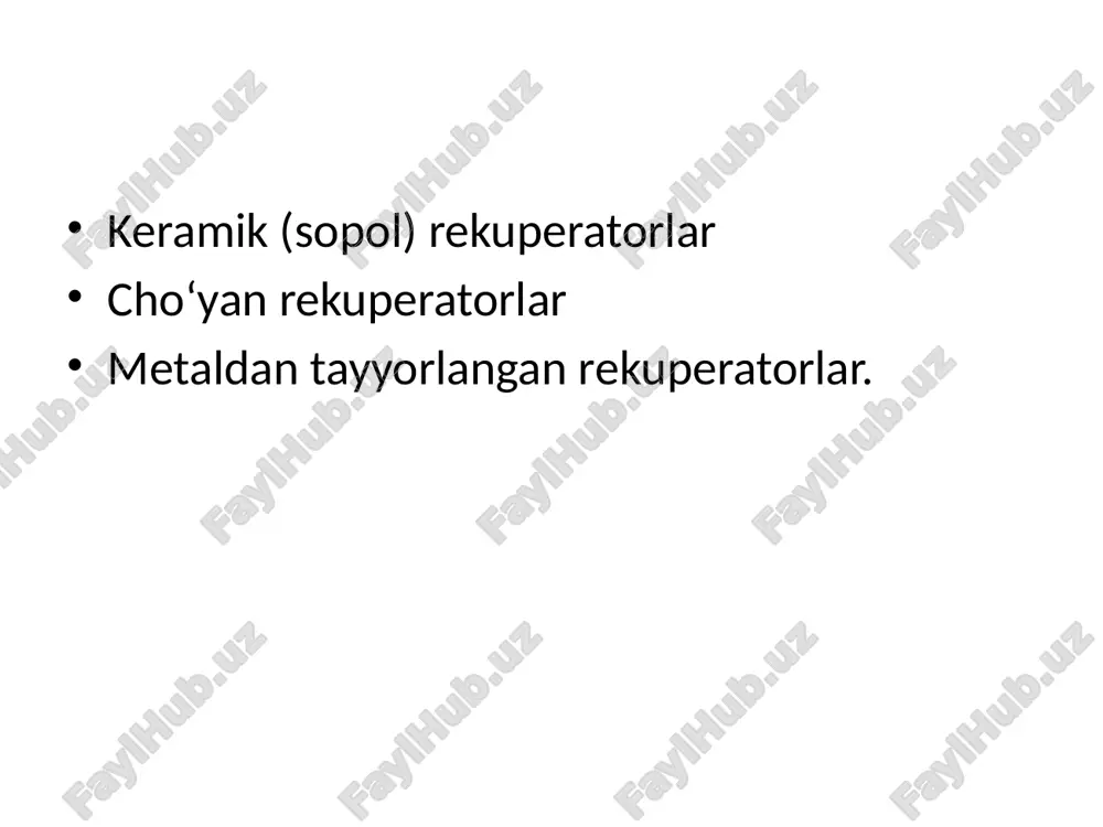 or quvurlar qatorining har birida haroratlar farqi bilan issiklik almashinuvi jadalligi kamayib boradi va 1,4-1,5, ayrim hollarda 1,8-2,0 ga teng bo'ladi. isitiladigan havo oqimning turlicha taqsimlanishi parallel ulangan elementlar orasidagi bosimlar farqining o'zgarmas qiymatda bo'lishi bilan belgilanadi: cho'yan rekuperatorlar. cho'yan ignasimon rekuperatorlar keng qo'llaniladi. cho'yan ignasimon rekuperatorlarning asosiy konstruktiv elementi cho'ziq kesimli quvurdan (uzunligi 0,9-1,6 m) iborat, havo tomonidagi ignalarning balandligi 20 mm, oralaridagi masofa 14 mm, gaz tomonidan tegishlicha 40 mm va 18-28 mm. ignalar issiqlik uzatishini oshiradi (“k” koeffisienta ortadi), ammo rekuperatorning qarshiligi va ifloslanishi ortib, quvurlarda termik kuchlanishlar paydo bo'ladi. shuning uchun faqat havo tomonida ignalari bo'lgan rekuperatorlarning qo'llash afzalroq bo'ladi. odatda rekuperatorlardagi tutun gazlarining tezligi 1-3 m/sek, havoniki esa 3-6 m/sek. qizish yuzasining ifloslanish koeffisienti silliq gaz quvurlari uchun =0,8-0,9, ignasimon quvurlar uchun =0,5-0,8, demak, haqiqiy issiqlik uzatish koeffisienti kf= k bo'ladi. ikki yo'lli cho'yan ignasimon rekuperatorining havo oqimiga ko'rsatadigan qarshiligi 20-25 dan to 100-150 mm. …