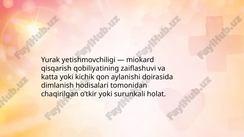 ni va diurezni oshiradi, jismoniy zo’riqishlarga bardoshlilikni qoniqarli qiladi; vazodilatatorlar va aaf ingibitorlari (enalapril, kaptopril, lizinopril, perindopril, ramipril) — qon tomir tonusini pasaytiradi, vena va arteriyalarni kengaytiradi va buning oqibatida yurak qisqarishlari vaqtida tomirlar qarshiligini kamaytiradi; diuretiklar (furosemid, spironolakton) — organizmda ortiqcha suyuqlik ushlanib turishini kamaytiradi; β-adrenoblokatorlar (karvedilol) — yurak qisqarishlari tezligini pasaytiradi, yurakni qon bilan to’lishini yaxshilaydi, yurak haydashini oshiradi; nitratlar (nitrogliserin va uning uzoq muddat ta’sirli shakllari) — qorinchalarning qon bilan to’lishini yaxshilaydi, yurak haydashini oshiradi, toj arteriyalarni kengaytiradi; antikoagulyantlar (asetilsalitsil kislota, varfarin) — tomirlarda tromb hosil bo’lishini oldini oladi; miokardning metabolizmini yaxshilaydigan preparatlar (b guruh vitaminlari, askorbin kislotasi, inozin, kaliy preparatlari). thank you 14 image1.jpeg image5.png image2.jpeg