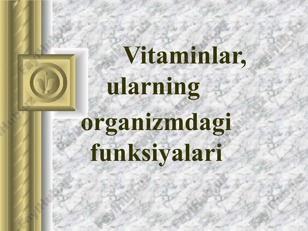 aollashiviga tosqillik qiladi: vit.a, ye, s, r. yogda eruvchi vitaminlar xosillalari vit. a –( retinoyevaya kislota), va vit .d- (kalsitriol) signal molekulalari bolib uz ta’siri retseptorlar orqali amalga oshiradi. ba’zi bir vitaminlar signal molekulalari sintezida qainashadi – neyromediator va gormonlar sintezida (vit.s). ba’zi bir vitaminlar aminokislotalar sintezida qatnashadi: vit. v10, v12. image1.jpeg /docprops/thumbnail.jpeg