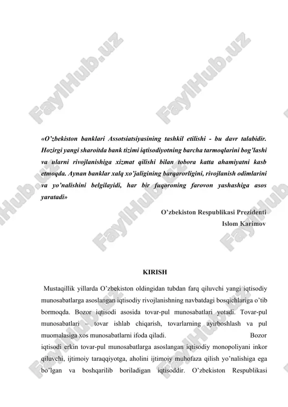 hamiyatiga boshqacha yondashish zarurligini taqozo qiladi. bozor munosabatlariga o’tish sharoitida bank-moliya tizimining ahamiyati tubdan o’z bank — tijorat tashkiloti bo‘lib, bank faoliyati deb hisoblanadigan quyidagi faoliyat turlari majmuini amalga oshiradigan yuridik shaxsdir: -yuridik va jismoniy shaxslardan omonatlar qabul qilish hamda qabul qilingan mablag‘lardan tavakkal qilib kredit berish yoki investitsiyalash uchun foydalanish; -to‘lovlarni amalga oshirish. omonat (depozit) — talab qilinishi bilanoq yoki to‘lovni amalga oshiruvchi shaxs bilan to‘lovni oluvchi shaxs yoxud ularning qonuniy vakillari o‘rtasida kelishilgan muddatda foizlar yoki ustama haq to‘lagan holda yoxud bunday to‘lovlarsiz hammasini qaytarib berish sharti bilan topshiriladigan pul summasi. chet el banki — chet el bankining o‘z faoliyatini o‘zbekiston respublikasi hududida amalga oshiradigan sho‘ba banki bo‘lib, uning ustav kapitalining hammasi chet el banki tomonidan to‘lanadi. 2-modda. bank faoliyatining subyektlari o‘zbekiston respublikasida tashkil etilgan hamma banklar bank faoliyatining subyektlaridir. 3-modda. banklar faoliyatining huquqiy asosi banklar faoliyati ushbu qonun, “o‘zbekiston respublikasining markaziy banki to‘g‘risida”gi qonun, boshqa qonun hujjatlari …