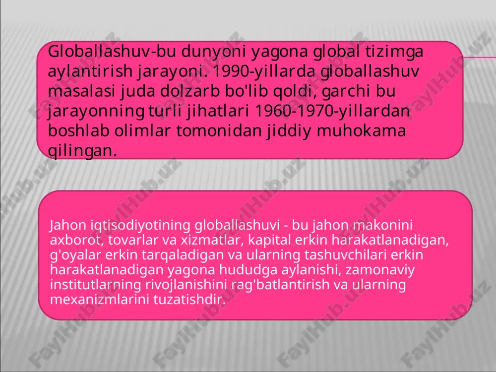 . o'shandan beri 153 mamlakat jahon savdo tashkilotiga a'zo. yagona (universal) xalqaro iqtisodiy, huquqiy va madaniy-axborot makonining shakllanishi. boshqacha qilib aytganda, globallashuv hodisasi sof iqtisodiy doiradan tashqariga chiqadi va ijtimoiy faoliyatning barcha asosiy sohalariga — siyosat, mafkura, madaniyatga sezilarli ta'sir ko'rsatadi. bu, shubhasiz, xxi asr jahon iqtisodiyotida hal qiluvchi rol o'ynaydi va xalqaro iqtisodiy va siyosiy munosabatlarning yangi tizimini shakllantirishga kuchli turtki beradi. globallashuvga nima sabab bo'ldi? globallashuvning asosiy sohasi xalqaro iqtisodiy tizim (jahon iqtisodiyoti), ya'ni.milliy iqtisodiyot va jahon bozorida korxonalar tomonidan amalga oshiriladigan global ishlab chiqarish, ayirboshlash va iste'mol. xx asr oxiriga kelib. xalqaro iqtisodiy tizim 200 ga yaqin siyosiy birliklarni, shu jumladan 186 davlatni o'z ichiga olgan murakkab tuzilishga aylandi. ularning barchasi u yoki bu darajada kümülatif mahsulot ishlab chiqarishda ishtirok etadilar va o'zlarining milliy bozorlarini qurish va tartibga solishga harakat qiladilar. globallashuv ko'p qirrali xarakterga ega bo'lgan barcha mamlakatlar iqtisodiyotiga katta ta'sir ko'rsatadi. bu tovarlar va xizmatlar …