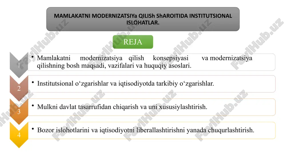 sh va samaradorligini oshirish. 2-milliy iqtisodiyotni turli sohalarda rivojlantirish va samaradorligini oshirish. 3- ta’lim, sog‘liqni saqlash va ijtimoiy himoya tizimlarini taraqqiy ettirish va aholining turmush darajasini yaxshilash. institutsional o‘zgarishlar — ijtimoiy institutlar tarkibiy o‘zgarishlar sektorlararo uzatishlar institutsional o‘zgarishlar va iqtisodiyotda tarkibiy o‘zgarishlar. institutsional va tarkibiy o‘zgarishlarning o‘zaro tasiriiqtisodiy muammolarga bag‘ishlangan asarlari:institutsional va tarkibiy o‘zgarishlar o‘rtasidagi aloqa juda muhim. institutsional o‘zgarishlar iqtisodiyotda tarkibiy o‘zgarishlarni hamkorlikda taʼminlasa, bu o‘z navbatida ijtimoiy barqarorlik, iqtisodiy rivojlanish va davlatning samaradorligini oshirishga olib keladi. shuning uchun, ikkala jarayonni ham birgalikda boshqarish va muvofiqlashtirish tavsiya etiladi. . institutsional o‘zgarishlar va iqtisodiyotda tarkibiy o‘zgarishlar. iqtisodiyotda tarkibiy o‘zgarishlar texnologik o‘zgarishlar tarkibiy o‘zgarishlar sektorlararo uzatishlar 2. institutsional o‘zgarishlar va iqtisodiyotda tarkibiy o‘zgarishlar. mulkni davlat tasarrufidan chiqarish va uni turlari: mulkni davlat tasarrufidan chiqarish. mulkni xususiylashtirish. xususiylashgan obyektlar uchun huquqiy asoslarni shakllantirish 3-mulkni davlat tasarrufidan chiqarish va uni xususiylashtirish. mulkni davlat tasarrufidan chiqarish — bu kitmandor davlat mulkini xususiy mulkka aylantirish …