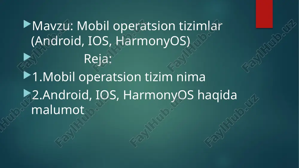 o‘zining yuqori samaradorligi, xavfsizligi va optimallashtirilgan foydalanuvchi interfeysi bilan mashhur. harmonyos — bu huawei kompaniyasi tomonidan ishlab chiqilgan operatsion tizim bo'lib, asosan mobil qurilmalar (smartfonlar), planshetlar, aqlli soatlar, aqlli televizorlar, avtomobil tizimlari va boshqa internet of things (iot) qurilmalarida ishlash uchun mo'ljallangan. harmonyos, 2019-yilda huawei tomonidan taqdim etilgan va kompaniyaning android va ios kabi tizimlardan mustaqil bo’lishni maqsad qilgan. harmonyos operatsion tizimining asosiy xususiyatlari: birlashtirilgan ekotizim (microkernel-based system): harmonyos mikrokerner asosida yaratilgan. mikrokerner arxitekturasi tizimning yanada xavfsizroq, barqarorroq va oson kengaytiriladigan bo'lishini ta'minlaydi. bu tizimga har xil turdagi qurilmalarda ishlash imkoniyatini beradi. masalan, bitta tizim mobil telefonlar, aqlli soatlar, televizorlar va boshqa iot qurilmalarida ishlashi mumkin. ochiq kodli: harmonyos ochiq kodli tizim bo‘lib, bu dasturchilarga tizimni o‘zgartirish va yaxshilash imkonini beradi. shu bilan birga, tizimni boshqa ishlab chiqaruvchilar ham o‘z ehtiyojlariga moslab ishlatishlari mumkin. android va ios asosiy xususiyatlari: ios operatsion tizimining asosiy xususiyatlari: ios tizimi yopiq kodli bo'lib, foydalanuvchilar …
