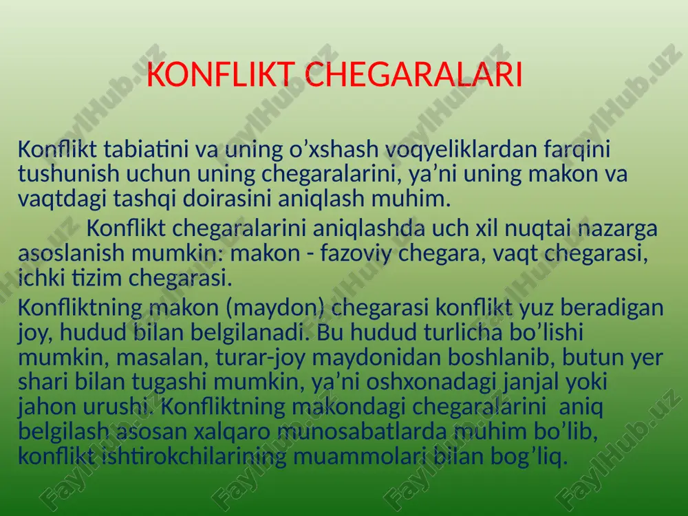 kat qiladi; bu yerda harakat deganda ham jismoniy harakat, ham axborot berish (og’zaki nutq, matbuot, televideniye va b.) tushuniladi; 2. ikkinchi ishtirokchi (raqib) ushbu harakatlar uning manfaatlariga qarshi qaratilganligini tushunib yetishi kerak; 3. yuqoridagi holatlardan kelib chiqib, ikkinchi ishtirokchi birinchi ishtirokchiga qarshi qaratilgan va unga javoban faol harakat-choralarni ko’radi. shu daqiqadan boshlab konflikt boshlangan deb hisoblanadi. agar faqat birgina ishtirokchi harakat qilsa (bir tomonlama) yoki harakatlarini fikran rejalashtirsa (harakatlarini oldindan o’ylab reja tuzsa, raqib harakatlarini tasavvur etsa, bo’lajak konfliktni qanday kechishini bashorat qilsa) - bu hollarda konflikt bo’lmaydi. biroq bo’lg’usi harakatlarni oldindan rejalashtirish konflikt uchun poydevor bo’lib hisoblanishi mumkin, ba’zi olimlar buni konflikt rivojlanishining latent (yashirin) bosqichi deb ataydilar. bunday bosqichni ajratib ko’rsatish xalqaro ahamiyatdagi katta konfliktlarni tahlil qilish uchun muhimdir. sobiq ittifoqqa hujumni ko’zda tutgan «barbaross plani» ni gitler 1940 yilda tasdiqlaganda sobiq ittifoq bilan germaniya o’rtasidagi harbiy konflikt hali boshlanmagan edi, bu konfliktning latent bosqichi bo’lib, ochiq konfliktning …
