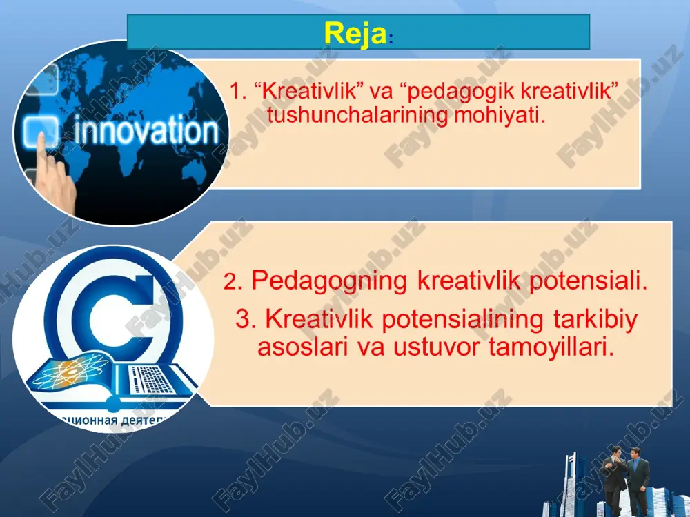 aziga, xarakteriga, jasoratiga, imo-ishora, nutq, kiyinish uslublariga beixtiyor taqlid qiladi, o‘z faoliyatida takrorlaydi. logo 6 o‘quvchilarning salbiy xatgi-harakatlari tufayli sodir bo‘ladigan emotsional his tuyg‘ularga berilmasligi har bir o‘quvchining psixologik va ruhiy holatini puxta o‘rganmasdan uning ongiga tarbiyaviy ta’sir o‘tkazishga harakat qilmasligi o`qituvchinig xatti harakati o`qituvchinig xatti harakati logo 6 har bir o‘quvchiga alohida shaxs sifatida hurmat e’tibor bilan munosabatda bo‘lishi sinf jamoasining norasmiy yetakchisini sezdirmasdan aniqlab olishi va uning xatgi harakatidan doimo ogoh bo‘lishi o`qituvchinig xatti harakati mavzu bo`yicha fidbek kelgusi mashg‘ulotda ko‘rishguncha...