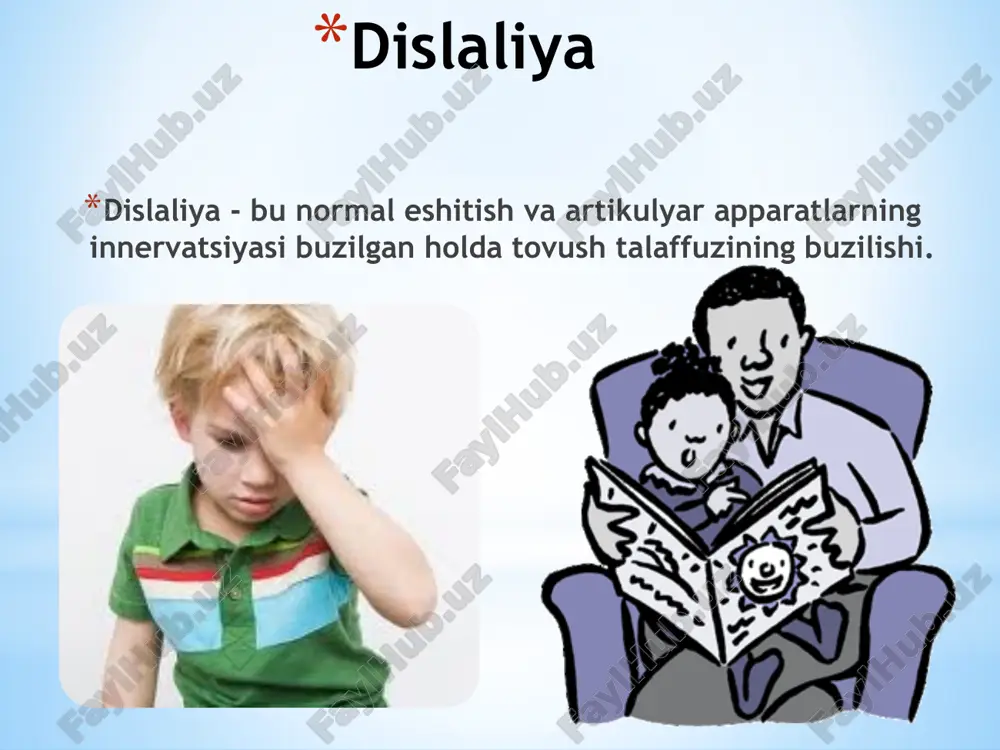 iya eshitish qobiliyatini yo'qotish tufayli yuzaga kelgan. dislaliya. tadqiqot tarixi xx asrning 50-yillarida - o.v.pravdina va smirnova dislaliyadan eshitish nuqsonlari sabab bo'lgan buzilishlarni istisno qiladilar. 60-lar — s.s.lyapidevskiy va o.v.pravdina dislaliyadan dizartriyani istisno qiladilar. b. m. grinshpun va s. s. lyapidevskiy rinolaliyani dislaliyadan chiqarib tashlaydilar va "til bog'langan" atamasidan voz kechadilar, chunki ular buni faqat alomat deb hisoblashadi. lyapidevskiy s.s. dislaliya. tadqiqot tarixi hozirgi vaqtda dislaliyaning ikkita shakli mavjud: 1. mexanik dislaliya, artikulyar apparatlar tuzilishining jiddiy bo'lmagan buzilishlaridan kelib chiqadi; 2. funksional dislaliya - tovush talaffuzining buzilishi. dislaliya yavlyaetsya odnim iz samix rasprostranennix defektov rechi. poetomu izuchenie dislalii i metodov ee korrektirovki yavlyaetsya aktualnim (volkova, g. a. logopediya. – m., 1996). dislaliya. tadqiqot tarixi v tex sluchayax, kogda ne nablyudaetsya organicheskix narusheniy (perifericheski ili tsentralno obuslovlennix), govoryat o funktsionalnoy dislalii. pri otkloneniyax v stroenii perifericheskogo rechevogo apparata (zubov, chelyustey, yazika, nyoba) govoryat o mexanicheskoy (organicheskoy) dislalii. etu klassifikatsiyu videlil b.m. …