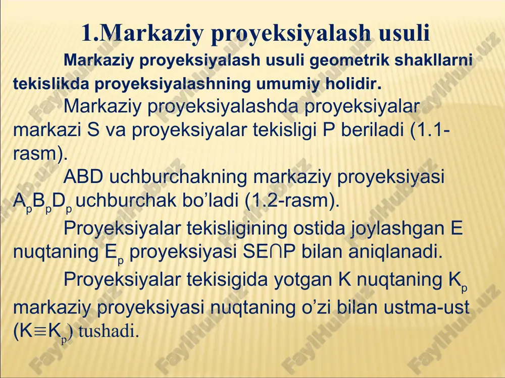 ma’lumot bera olmaydi. buning uchun qo’shimcha shartlar berilishi lozim. silindrik sirt proyeksiyalar tekisligi r bilan kesishib, mp egri chiziqni hosil qiladi. 1.6-rasm . 1.7-rasm. parallel proyeksiyalash ikki xil bo’ladi: qiyshiq burchakli parallel proyeksiyalash. bunda s proyeksiyalash yo’nalishi p proyeksiyalar tekisligi bilan o’tkir burchak tashkil qiladi. to’g’ri burchakli parallel proyeksiyalash. bunda proyeksiyalash yo’nalishi s proyeksiyalar tekisligi p ga perpendikulyar bo’ladi. parallel proyeksiyalashning xossalari geometrik shakllarni parallel proyeksiyalashning quyidagi xossalari mavjud. 1-xossa. nuqtaning parallel proyeksiyasi nuqta bo’ladi. 2-xossa.proyeksiyalovchi nurda yotuvchi barcha nuqtalarning proyeksiyalari bitta nuqtada bo’ladi. 3-xossa. proyeksiyalash yo’nalishiga parallel bo’lmagan to’g’ri chiziqning proyeksiyasi to’g’ri chiziq bo’ladi 1.8-rasm. cd to’g’ri chiziq kesmasi proyeksiya yo’nalishi s ga parallel. uning p dagi proyeksiyasi spdp nuqta bo’ladi. 4-xossa. ab to’’ri chizig’ kesmasiga tegishli e nuqtaning parallel proyeksiyasi ep shu to’g’ri chiziq kesmasi apbp ning ustida bo’ladi (1.8-rasm). 1.8-rasm. 5-xossa. agar nuqta to’g’ri chiziq kesmasini biror nisbatda bo’lsa, bu nuqtaning proyeksiyasi ham kesma proyeksiyasini shunday nisbatda …
