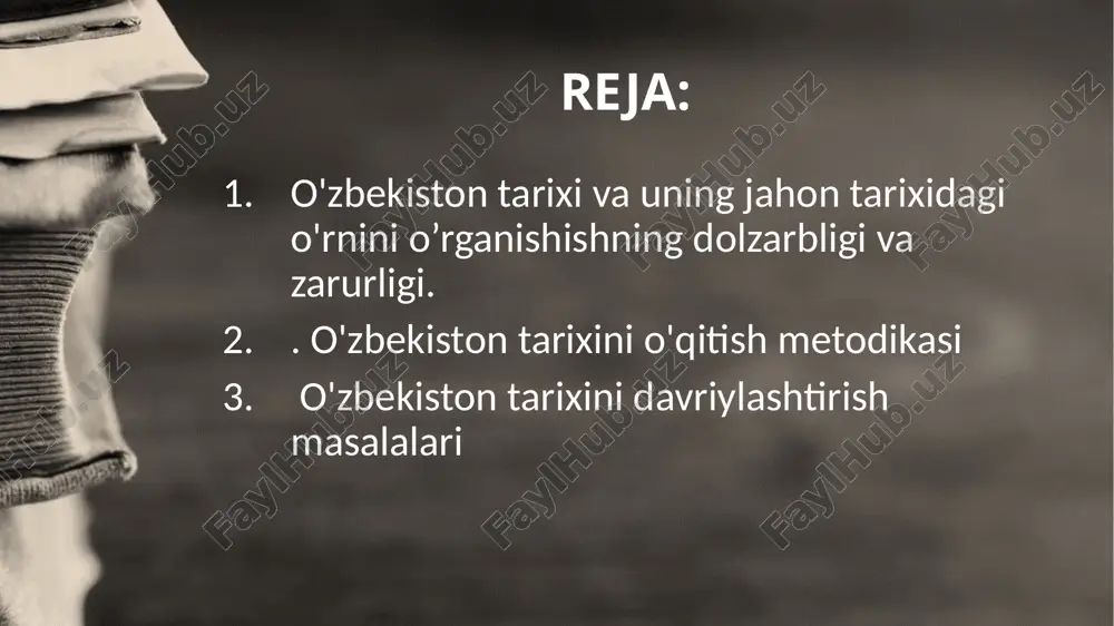 qsad belgilab olindi bugun o‘zbekiston tarixi yangi tug‘ilishni boshdan kechirmoqda. jamiyat ma’naviyatini tiklash, uning milliy o‘zligini anglashi va milliy g‘ururini yuksaltirishning faol jarayonidamiz . tarix fani rivojlanishidagi yangi bosqich “... tarixdan ma’naviy quvvat olishimiz kerak!” sh.m.mirziyoev. “milliy tarixni milliy ruh bilan yaratish kerak. aks holda uning tarbiyaviy ta'siri bo'lmaydi. biz yoshlarimizni tarixdan saboq olish, xulosa chiqarishga o'rgatishimiz, ularni tarix ilmi, tarixiy tafakkur bilan qurollantirishimiz zarur”, deydi shavkat mirziyoev. nima uchun tarixni o'rganish kerak? agar siz o'tmishingiz bilan qiziqsangiz va u bizning kelajagimizga qanday ta'sir qilishini bilmoqchi bo'lsangiz, tarixni o'rganish haqida o'ylashingiz kerak. tarix ko'p qirrali fan bo'lib, u sizning madaniy ongingizni va biz yashayotgan dunyoni ma’nan tushunishingizni oshiradi.tarixni o'rganish orqali siz tanqidiy fikrlashdan tadqiqot qilish va umumiy xabardorlikdan bir qator foydali ko'nikmalarga ega bo'lasiz. tarix bizga kelajak uchun saboq beradi tarixda vaqt va sanani bilishdan ko'ra ko'proq narsalar bor 01 02 03 04 05 tarixchilarga qanday va nima uchun o'rganish, …