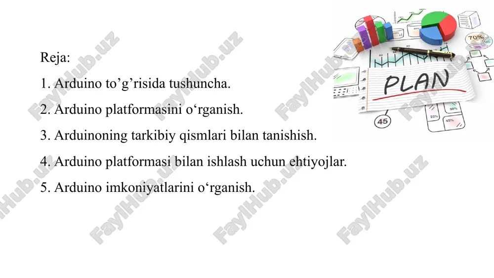 u elektronika asoslaridan uzoq bo‘lgan kattalarga ham, maktab o‘quvchilariga ham uni o‘zlashtirishga imkon beradi. dasturlash qobig‘ining kirish chegarasi ancha past. dasturlash juda sodda va intuitiv. 1-rasm. arduino mega platformasi. 2-rasm. arduino uno platformasi. 3-rasm. arduino nano platformasi. arduino bilan nima yaratishingiz mumkin? millionlab mumkin bo‘lgan dastur elementlarining kombinatsiyasi faqat inson tasavvuri bilan cheklangan. qurilma ulanadigan va dastur yoziladigan sensorlar yordamida atrofdagi dunyo haqidagi ma'lumotlarni qabul qilish va qayta ishlashga qodir. siz tizimni ma'lum bir o‘zgarishlarga tezda javob berishni, yorug‘likni boshqarishni, harakatlanuvchi elementlarni, motorlarni va har xil drayverlarni boshqarishingiz mumkin. tizim uy va sanoatda foydalanish uchun javob beradi. arduino platformasi bilan ishlash uchun ehtiyojlar. arduino mikrokontrolleri. ularning bir nechta turlari mavjud, biz har biri haqida alohida gaplashamiz, ammo asoslar arduino uno-ga asoslangan. u bizga kerak bo'lgan narsadir. 4-rasm. biz ishlatadigan arduino uno platformasi. xuddi shu temir qismini kompyuterga ulash uchun kabel. 5-rasm. arduino uno platformasini kompyuterga ulash ucun ishlatiladigan kabellar. breadboard …
