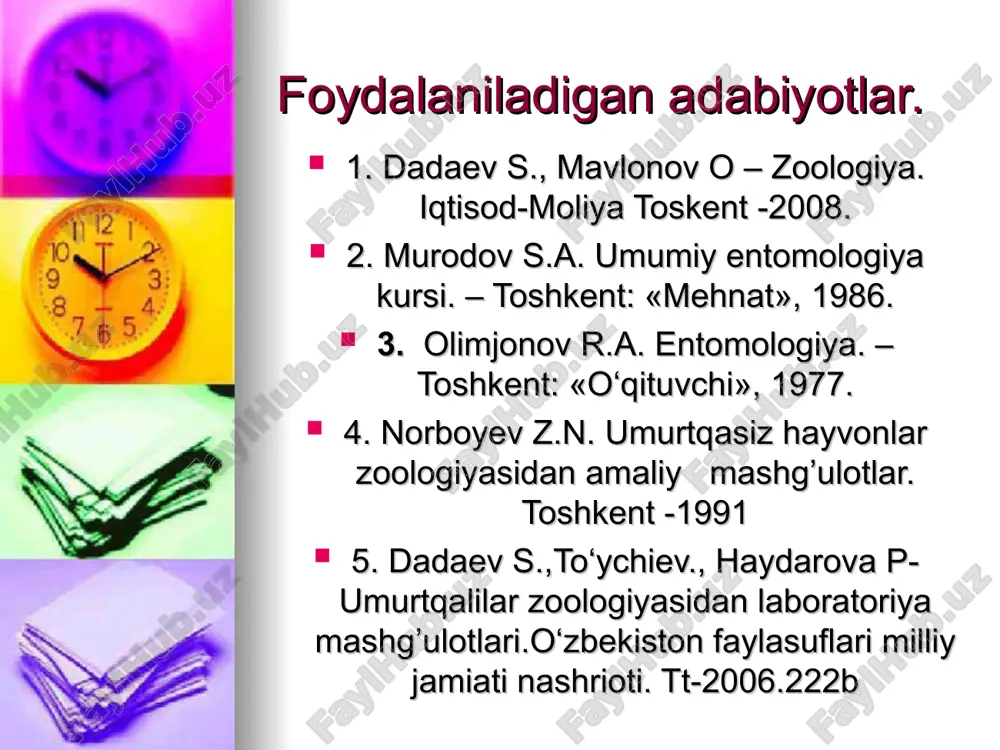 ga bo‘ladi. sut emizuvchilar qushlar chuvalchanglar amfibiyalar; reptiliyalar hasharotlar zoologiya sistemasi tur urug’ sinf turkum oila tip hozirgi kunda dunyo miqyosida hayvonlarning 2 mln dan ortiq turi mavjud va hayvonot olami 25 ga yaqin tiplarga bo’linadi. xayvonlar umurtqasiz hayvonlar umurtqasiz hayvonlarning 15 mingdan ortiq turi mavjud. umurtqa pog’onasining bo’lishi yoki bo’lmasligiga ko’ra 2 ga bo’linadi. umurtqali hayvonlar umurtqali hayvonlarning 677 turi aniqlangan. entomologiya yunoncha – entomon – hasharot, logos – fan hasharotlarni o’rganuvchi fan. hasharotlarning tana tuzilishi ichki organlarining ishi hayot kechirishi xilma-xilligi va tashqi muhit bilan bog’liqligi yoritiladi. umumiy entomologiyaquyidagi bo‘limlariga bo‘linadi sistematika va klassifikatsiya morfologiya anatomiya fiziologiya biologiya ekologiya fanning maqsadi hayvonlarning va hasharotlarning hayoti, biologik xususiyatlari, ichki va tashqi tuzilishidagi asosiy belgilari u biologiya fanining tez sur’atda rivojlanib borayotgan bir tarmog’i bo’lib, o’zi ayni vaqtda qator mustaqil ilmiy sohalarga : qishloq xo’jaligi entomologiyasi o’rmon xo’jaligi entomologiyasi meditsina entomologiyasi veterenariya entomologiyasi umumiy entomologiya va zoologiya asoslari fanining rivojlanish …