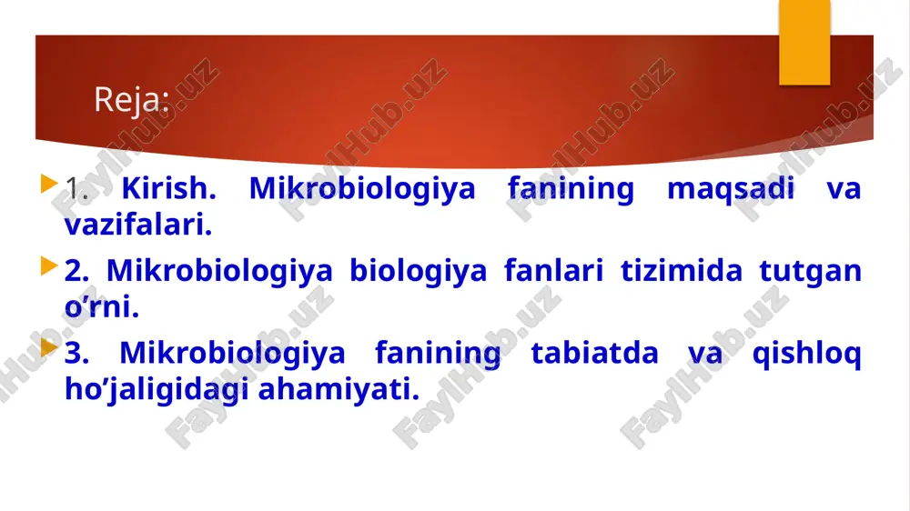 ganizmlarning oʻz-oʻzidan paydo boʻlishi toʻgʻrisidagi gipotezani inkor etdi; anaerobiozni kashf qildi. r. kox va uning maktabi tomonidan qattiq oziq muhitning yaratilishi, mikroorganizmlarning sof kulturasiga boʻlgan qatʼiy talablar va kasallikning muayyan mikroorganizmga bogʻliqligini aniqlash mezonlarining ishlab chiqilishi bilan qisqa vaqt davomida koʻpchilik kasalliklarning qoʻzgʻatuvchilari kashf etildi. ma’lumki, biologiya sohasida yaratilgan olamshumul yangiliklar va ishlanmalar zamonaviy biotexnologiyani rivojlanishiga turtki bo’ldi xx asrning ikkinchi yarmida bioximiya, molekulyar genetika va molekulyar biologiya sohalarida erishilgan fundamental tadqiqotlarning yutuqlari hujayra faoliyatini turli mexanizmlar yordamida boshqarish imkonini berdi. birinchi mikroskopni kim ixtiro qilgani noma'lum, lekin gollandiyalik ko'zoynak ustasi zakariya yanssen (1585 yilda tug'ilgan) 1600-yillarda eng qadimgi birikma mikroskoplardan birini (ikkita linzadan foydalanganlar) yaratgan. oddiy o'lchamidan 20 yoki 30 marta dnkning irsiyat uchun mas'ul bo'lgan molekula sifatida aniqlanishigacha bo'lgan asosiy voqealar xronologiyasi 20 fanning rivojlanish tarixi insoniyat qadimdan mikrobiologik jarayonlardan bevisita foydalanib kelgan bo’lsada taraqqiyotning rivojlanish omilidir. o’zbekistonda mikrobiologiyaning rivojlanish tarixi mikrobiologiya va biotexnologiya ixtisosligi bo’yicha birinchi o’zbek …