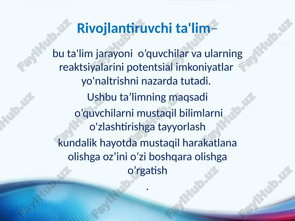 lar qanchalik murakkab bo'lsa, o'quvchilarning tadqiqotga bo'lgan qiziqishi shunchalik yuqori bo'ladi, deb ishoniladi. tez sur'at. leonid vladimirovich zankov, o'rganilgan narsalarni takrorlash bolalarda zerikishga olib keladi, deb hisoblardi, shuning uchun har doim yangi materialga ustunlik beriladi. o'z-o'zini rivojlantirish. o'qish jarayonida bolalar mustaqil ravishda hal qilishlari kerak bo'lgan muammolarga duch kelishadi. o'qituvchi ularni faqat to'g'ri javobga yo'naltirishi mumkin. shaxsiy fazilatlarni rivojlantirish. zankov tizimi intellektual rivojlanishdan tashqari, ijodiy fikrlash va irodani rivojlantirish uchun mo'ljallangan. individual yondashuv. zankov shaxsni sovet standartlashtirishga qarshi chiqdi. uning tizimi maktab o'quvchilarining individual xususiyatlari va qobiliyatlarini rivojlantirishga qaratilgan. 8 lev semenovich vigodskiy (1896 – 1934) 20-asr boshidagi mashhur rus psixologi psixologiyani pedagogika bilan bogʻlagan, uning nazariy tadqiqotlari va kuzatuvlari mashhur pedagoglarning amaliy tizimlariga asos boʻlgan. 9 l.s. vigodskiy: dolzarb rivojlanish sohasini (darajasini) – allaqachon shakllangan sifatlar va bolaning o‘zi amalga oshirishi mumkin bo‘lgan ishlar; yaqin rivojlanish zonasi – bolalar hali mustaqil bajarib bo‘lmagan, biroq ular yordamida bajarishi mumkin bo‘lgan …