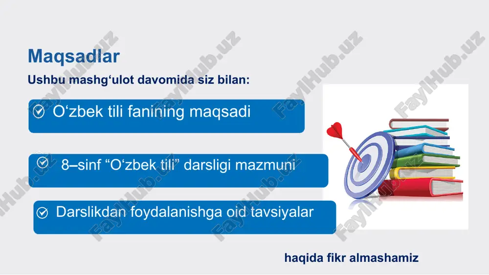 ko‘nikmalari shakllantiriladi. shuningdek, talaffuz, urg‘u va ohangni to‘g‘ri qo‘llab o‘qish o‘rgatiladi. o‘quvchilar asta-sekin murakkablashib boradigan matnlarni o‘qib, ulardan asosiy ma’lumotlarni ajratib olishni o‘rganadilar. gapirish o‘quvchilarda o‘zbek tili tovushlarini to‘g‘ri talaffuz qilish, kundalik oddiy suhbatlarda ishtirok etish, o‘z fikrlarini sodda gaplar bilan ifodalash, savollarga javob berish, muayyan mavzular bo‘yicha mustaqil fikr bildirish ko‘nikmalari shakllantiriladi. ularga kundalik hayotga oid mavzularda gaplashish, o‘zlarini tanishtirish, muayyan mavzu bo‘yicha qisqa tasvir va hikoya tuzish, yo‘l-yo‘riq so‘rash va berish o‘rgatiladi. talaffuz, urg‘u va ohangni to‘g‘ri qo‘llashga e’tibor beriladi. yozish o‘quvchilarda o‘zbek alifbosi harflari va belgilarini to‘g‘ri yozish, tinish belgilarini to‘g‘ri qo‘llash, qisqa savollarga javoblar yozish, o‘zlari haqida qisqa matn yozish, do‘stlariga maktub yoki elektron xabar yo‘llash, jadval, krossvord va e’lonlarni to‘ldirish kabi ko‘nikmalar shakllantiriladi. tildan foydalanish o‘quvchilarda kundalik hayotda qo‘llanadigan so‘zlar, jumlalar va grammatik qoliplardan, o‘zbek tili leksikasidan samarali foydalanish ko‘nikmalari shakllantiriladi. ularga og‘zaki va yozma nutq maqsadidan kelib chiqib, nazariy bilimlarni amalda qo‘llash o‘rgatiladi. nutqiy …