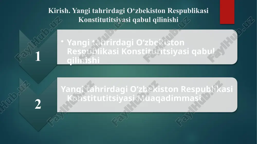 ing birinchi konstitutsiyasini yaratish g‘oyasi ilk bor ana shu sessiyada ilgari surildi. konstitutsiyani yaratish yo‘lidagi uchinchi huquqiy qadam –“mustaqillik deklaratsiyasi”ning e’lon qilinishidir. o‘zbekiston oliy kengashi tomonidan 1990 yil 20 iyunda e’lon qilingan “mustaqillik deklaratsiyasi”ning 8-bandida o‘zbekiston “o‘zining taraqqiyot yo‘lini, o‘z nomini belgilaydi va davlat belgilarini (gerb, bayroq, madhiya) o‘zi ta’sis etadi” degan qoida mustahkamlangan. oliy kengash qarori bilan 1990 yil 21 iyun kuni o‘zbekiston respublikasining birinchi prezidenti islom karimov raisligida davlat arboblari, deputatlar, mutaxassislardan iborat 64 nafar a’zoni o‘zida jamlagan konstitutsiyaviy komissiya tuzildi va konstitutsiya loyihasi ana shu komissiya tomonidan 2 yildan ortiq vaqt mobaynida tayyorlandi. birinchi prezidentimiz konstitutsiyaviy komissiya ish boshlashi bilan mamlakatimizning o‘ziga xos jihatlarini va xususiyatini munosib ravishda aks ettiradigan, xalqaro standartlarga to‘liq javob beradigan, jahon tajribasini, demokratiya va eng rivojlangan mamlakatlar konstitutsiyaviy qonunchiligi erishgan yutuqlarni inobatga oladigan asosiy qonun loyihasini tayyorlashga bevosita rahbarlik qildi. i.a.karimovning 1991 yil 31 avgustda, o‘n ikkinchi chaqiriq o‘zbekiston respublikasi oliy kengashining …