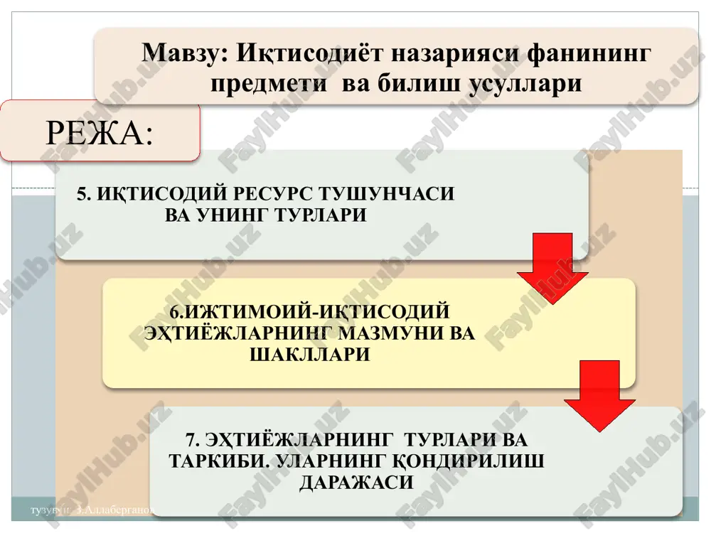 - tovarlar va xizmatlar yaratiladi taqsimlash -yaratilgan tovar (xizmat)lar hududiy birliklar, tarmoqlar, sohalar hamda resurs egalari o'rtasida taqsimlanadi ayriboshlash -turli xil bozorlarda tovar (xizmat)lar pul vositasida ayriboshlanib, ishlab chiqaruvchidan iste'molchi qo'liga o'tadi. iste'mol -tovar (xizmat)lar pirovard foydalaniladi, ya'ni ular shaxsiy va unumli iste'mol qilinadi infratuzilma turlari: ishlab chiqarish infratuzilmasi-bevosita ishlab chiqarish jarayoniga xizmat ko'rsatadi. bular saqlash va uzatish vositalari ombor xo'jaligi, moddiy texnika ta'minoti, transport, aloqa, yo'llar, boshqalardir. ijtimoiy infratuzilma-kishilar yashash va hayot kechirishining ijtimoiy-madaniy va maishiy sharoitlarini tashkil qiladi (ta'lim, sog'liqni saqlash, maishiy, uy-joy va kommunal xo'jalik). bozor infratuzilmasi -tovarlar va iqtisodiy resurslar ayriboshlash jarayoniga xizmat qiladi (birjalar, savdo uylari, auksionlar va boshqalar). qishloq xo'jaligi infratuzilmasi tuzuvchi: z.allaberganov 8 infratuzilma — bu ishlab chiqarish va ayirboshlashni me'yorida amalga oshirish hamda kishilarning turmush kechirishining umumiy shart-sharoitlarini tashkil qiluvchi sohalar. tuzuvchi: z.allaberganov iqtisodiyotning doimiy va bosh masalasi- jamiyat ehtiyojlarining cheksizligi hamda resurslarning cheklanganligidir. iqtisodiyotning asosiy muammosi — bu iqtisodiy resurslar cheklangan …