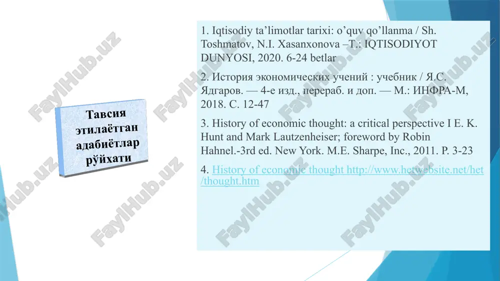 rashlari majmuasiga kiradi va nihoyatda dolzarbdir, bu masala bizda o'zbekiston misolida qarab chiqiladi. “iqtisodiy ta'limotlar tarixi” fanini o'rganish yo'llari 2. fanni o'rganish uslubiyoti (metodologiyasi) metodik jihatdan bu iqtisodiy tahlilning ilg'or metodlari yig'indisidan iborat bo'lib, tarixiy, induktsiya, mantiqiy abstraktsiya va boshqa usullardan keng foydalanadi fanini o'rganish manbalari qadimgi arxeologik topilmalar, moddiy ne'matlar, qoyalaridagi chizmalar va xalq og'zaki ijodi namunalari qo'lyozmalar, davlat arboblari, olim, donishmand, mutafakkirlarning yozib qoldirgan kitoblar «amalda iqtisodiy g'oyalar o'z davri va vujudga kelish joyining maxsuli bo'lib, ular bilan chambarchas bog'langandir; bu g'oyalarni ular tushuntirib berayotgan dunyodan mustaqil ravishda ajratib qarash mumkin emas; bu dunyo esa doimo o'zgarishda bo'ladi, agar bu g'oyalar o'z maqsadlariga to'la javob berishni ko'zlasalar, doimo shunga mos ravishda o'zgarib turishlari kerak» iqtisodiy ta'limotlar tarixini o'rganishda davrlash tizimi «iqtisodiy ta'limotlar tarixi» fanida ayrim olimlar, davlat arboblari tomonidan ilgari surilgan g'oya, qarash, nazariya, qonun, ta'limot, kontseptsiyalar insoniyat taraqqiyotining turli bosqichlaridagi ijtimoiy qatlamlar, sinflar va boshqa guruhlarning manfaatlari …