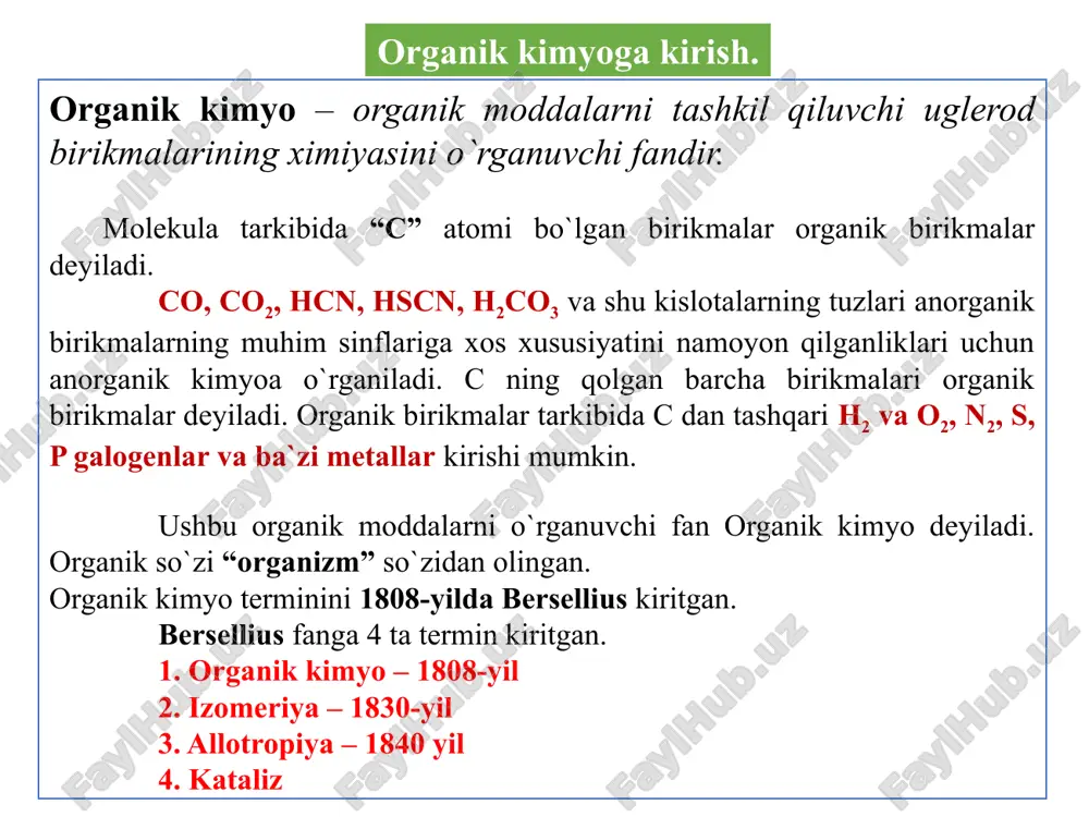b atashgan. hcl, hno3, sncl2, nh3 kabi moddalar uchuvchan bo’lgani uchun ular ham vino spirti (c2h5oh) qatori spirtlar deb atashgan. hattoki novshadil spirtini ham (nh4oh) spirtlar qatoriga kiritgan, lekin u anorganik modda spirtmas. organik moddalarni aralashmalar holida o’rganilgan. 2)analitik davr.yani sintez davri.(18-asr ohiridan 19-asrning 60-yillarini o’z ichiga oladi)1770-1860-yil oralig’ini o’z ichiga oladi. i) 1808-yilda shved olimi berselius – tirik organizimdan olinadigan moddalarni organik moddalar deb atashni taklif etgan va vitalistik nazariyaga asos solgan. “vita” hayot degani yani – hayotiy kuch tasirida organik moddalar hosil bolishi mumkin deyishgan. berselius nazariyasiga ko’ra barcha organik moddalar tirik organizmlardan olinadi degan g’oyani ilgari surgan. lekin shu nazariyaga qarshi berselius shogirti nemis olimi vyoller katta zarba bergan. u organik moddalar tirik organizmlardan emas balki anorganik moddalardan ham sintez qilsa bo’ladi deydi 1824 yilda birinchi marta ditsiandan oksalat kislotani suniy yo’l bilan sintez qilgan. (cn)2 + 4h2o = (cooh)2 + 2nh3 1828-yil odam va hayvon organizmida …