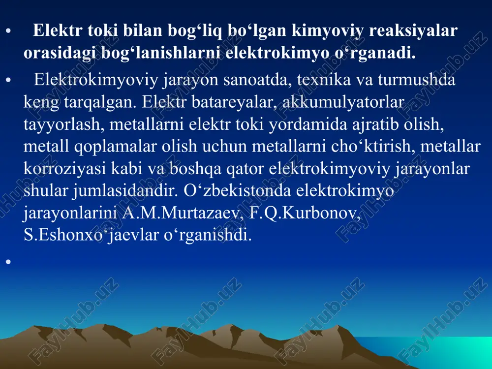 iymatlarini o‘rniga qo‘ysak, nernst formulasi quyidagi ko‘rinishga keladi: e=e0 oksid/qayt  metallarning kuchlanish qatori elektrod potentsiali, volg‘t elektrod potentsiali volg‘t elektrod potentsiali volt li+ /li ba2+/ba k+/k ca2+/ca na+na mg2+/mg al3+/al ti2+/ti mn2+/mn -3,04 -2,94 -2,92 -2,87 -2,71 -2,37 -1,70 -1,63 -1,18 zn2+/zn cr3+/cr fe2+/fe cd2+/cd co2+co ni2+/ni sn2+/sn pb2+/pb fe3+/fe -0,76 -0,71 -0,44 -0,40 -0,28 -0,25 -0,14 -0,13 -0,04 ge2+/ge sb2+/sb bi3+/bi cu2+/cu hg2+2/2hg ag+/ag hg+/hg pt2+/pt au3+/au -0,0 +0,20 +0,30 +0,34 +0,79 +0,80 +0,85 +1,20 +1,68 metallarning kuchlanishlar qatoridan quyidagi xulosalar kelib chiqadi. 1.har bir metall aktivlik qatorida o’zidan keyingi metallni uning tuzi eritmasidan siqib chiqaradi. 2.vodorodni kislotalardan standart elektrod potentsiallari manfiy qiymatga ega bo‘lgan metallar siqib chiqaradi. 3. metallarninng standart elektrod potentsialini musbat qiymati qancha katta bo‘lsa, uning ioni shuncha kuchli oksidlovchilik xossasiga ega bo‘ladi. galvanik elementlar kimyoviy reaksiyalar natijasida elektr energiyasi hosil qiladigan, ya’ni kimyoviy energiyani elektr energiyaga aylantiradigan asboblar galvanik elementlar deyiladi . masalan daniel-yakobi …
