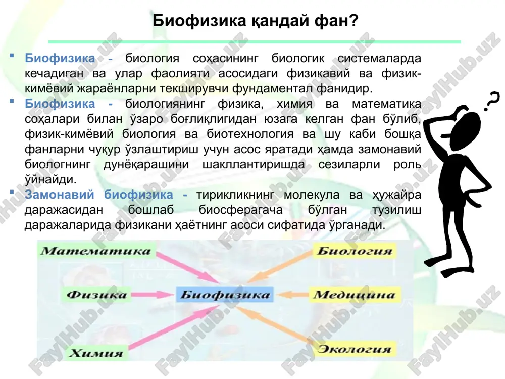 abatlar, kinetika, termodinamika hamda axborot qabul qilinishi va qayta ishlanishi nazariyalari haqidagi umumiy va xususiy qonuniyatlarni biologik tizimlarda fizika qonunlari asosida tadqiq etadi. bunda biofizika tiriklikning eng murakkab, molekulyar darajada tuzilishi doirasida ham ish olib boradi. biofizika biofizika kimyoviy kinetika, energiya transformatsiyasi asosida termodinamikaning birinchi qonuni, biologik tizimlar dinamikasini o'rganish asosida termodinamikaning ikkinchi qonuni kabi umumbiologik tushunchalarni tahlil qilishi bilan bir qatorda tirik tizimlarning molekulyar darajadagi struktura tuzilishlari va ushbu tuzilish darajalarida boradigan jarayonlarni umumbiologik qonuniyatlar bilan uyg'unligi kabi murakkab holatlarni ham o'rganadi. biofizika murakkab biologik tizimlar xususiyatlarini o'rganishda matematik modellash usullari qo'llaniladi. biofizika umumiy holda biologik tizimlarda amalga oshuvchi jarayonlarni tartibga tushirish va boshqarish, biopolimerlarning fermentativ katalizi, biologik membranalar orqali moddalar tashilishi, qisqaruvchi tizimlar va quyosh energiyasining tirik tizimlarda bog'lanishi kabi jarayonlarini biologiya sohasi doirasida fizika qonunlari asosida tushuntirib beradi. . biologik tizimlar faoliyatidagi turli xil o'zgarishlar tizimdagi makromolekulalar majmuasidagi konformatsiya o'zgarishlari bilan bog'liq hisoblanadi. bunda harorat, muhitning rn-ko'rsatkichi …