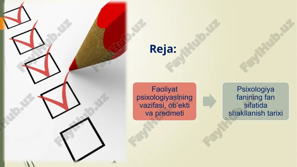 ning tamoyillari determinizm tamoyili. bu tamoyilga binoan psixika yashash sharoiti bilan belgilanadi. yashash sharoitining o‘zgarishi bilan psixika ham o‘zgaradi. inson tug‘ilgandan keyin qanday sharoitda yashasa, unga yashash muhiti qanday ta’sir qilsa, qanday ta’lim-tarbiya olsa u shu sharoit, muhitda shakllanadi, uning ongi ham shu muhit ta’sirida rivojlanadi. ong va faoliyatning birligi tamoyili bu tamoyilga binoan ong va faoliyat bir-biriga qarama-qarshi ham emas, aynan bir narsa ham emas, ular bir butunlikni tashkil qiladi. inson faoliyat ko‘rsatar ekan uning mazmunini, motivlarini, qanday bajarish kerakligini ongida rejalashtiradi va ular yordamida tevarak-atrofni qurshab olgan muhit bilan munosabatga kirishadi. psixika va ongning faoliyatda taraqqiy etishi tamoyili bu tamoyilga binoan psixika va ong faoliyatda rivojlanadi hamda u faoliyat natijasidir. insonning psixik taraqqiyoti o‘yin, o‘qish va mehnat faoliyati bilan bog‘liqdir. bu faoliyatlarsiz psixik taraqqiyotni tasavvur qilish mumkin emas. psixologiya fanining tadqiqot metodlari va tarmoqlari . tarix-oydinlik tarix-oydinlik tarix-oydinlik tarix-oydinlik tarix-oydinlik lirik chekinish... psixé ruh, jon kapalak “psi” ga …