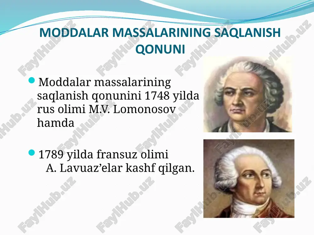 demakdir. ekvivalentlar qonuni. moddalarning 1 gram vodorod bilan yoki 8 gram kislorod bilan birika oladigan miqdori shu moddaning …………….. deyiladi. ekvivalenti oddiy moddalarning ekvivalenti- ularning atom og’irligini valentligiga bo’lgan nisbatiga teng. e= e - ekvivalent a – atom massa v - valentlik a v murakkab moddalarning ekvivalenti. oksidlarning ekvivalenti: e al2 o3 = 6 102 kislotalarning ekvivalenti: e h3 po3 = = 33 3 98 asoslarning ekvivalenti: e ca(oh)2 = 74 tuzlarning ekvivalenti: e al2(so4)3 = 2 342 6 =17 =37 =57 3. karrali nisbatlar qonuni. karrali nisbatlar qonuni 1808 yilda j. dalton tomonidan kashf etildi va u quyidagicha ta'riflanadi: «agar ikki element bir-biri bilan birikib, bir necha birikma hosil qilsa, elementlardan birining shu birikmalardagi ikkinchi elementning bir xil og’irlik miqdoriga to’g’ri keladigan og’irlik miqdorlari o’zaro oddiy va butun sonlar nisbati kabi nisbatda bo’ladilar». karrali nisbatlar qonuni. masalan, n20; n0; n203; n02; n205, birikmalarda azot o’zaro 1:1 nisbatda bo’lsa, kislorod …
