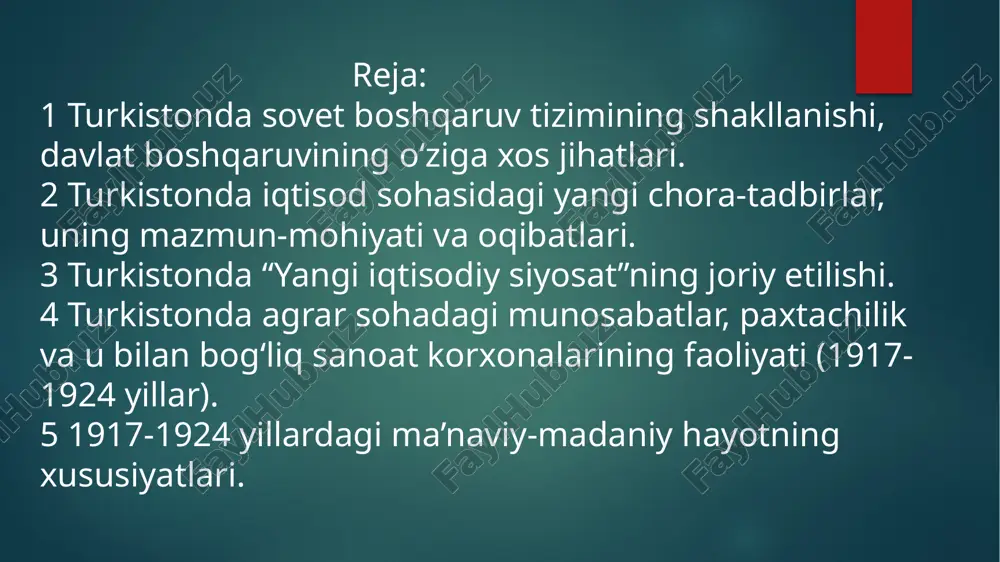 izil armiyani va mamlakat ichkarisida bolsheviklar rejimining bosh tayanchi va sovet hokimiyatining «xo’jayini» bo’lgan ishchilar sinfini oziq-ovqat bilan ta’minlashni maqsad qilib qo’ygan edi. turor risqulov turor risqulov (1894-yil 14(26)-dekabr, yettisuv (hozirgi olmaota) viloyati verniy uyezdi sharqiy toʻrgʻay boʻlisi (volosti) — 1938-yil 10-fevral, moskva) — davlat va jamoat arbobi. merke shahridagi rustuzem maktabi (1910) va pishpek (hozirgi bishkek)dagi xoʻjalik maktabini tugatgan (1914). turkistonda podsho rossiyasiga qarshi 1916-yilda koʻtarilgan milliy ozodlik harakatida qatnashgan. toshkentdagi oʻqituvchilar seminariyasida oʻqigan (1916—1917). qozoq (qirgʻiz) yoshlarining inqilobiy tashkilotini tuzishda ishtirok etgan (1917-yil yozi). turkiston assr sogʻliqni saqlash komissari (1918—1919), turkiston kompartiyasi musulmonlar byurosi raisi (1919—1920), turkiston assr mik raisining birinchi oʻrinbosari (1919-yil oktabrdan), raisi (1920). risqulov moskvaga chaqirib olinib, unga rsfsr milliy ishlar xalq komissarligining ikkinchi oʻrinbosari, komissarliknnig ozarbayjondagi muxtor vakili lavozimlari (1920-yil avgust — 1922-yil iyul) berildi. keyin oʻz yurtiga qaytarildi va u turkiston assr xalq komissarlari soveti raisi vazifasida ishlay boshlatsi (1922-yil sentyabr — 1924-yil …