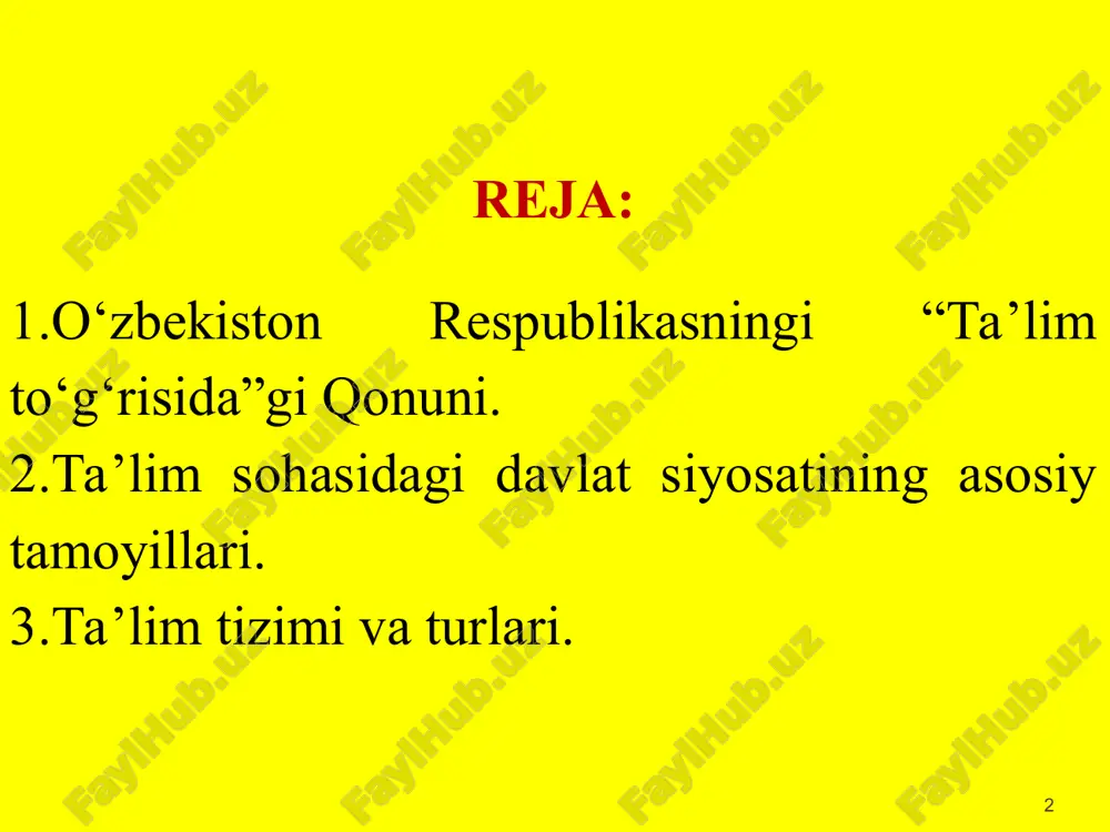 o‘rq-637-son) yangi tahrirda ishlab chiqilgan qonun loyihasida boblar soni 5 tadan 11 taga va moddalar soni 34 tadan 75 taga yetkazildi. * qonun loyihasiga quyidagi yangi boblar kiritildi: - ta’lim faoliyati va uni tashkil etish (4-bob); - ta’lim muassasasi xodimlari (5-bob); - ta’lim oluvchilar va ota-onalar(qonuniy vakillar)ning huquqlari, majburiyatlari va javobgarligi (6-bob); - ta’lim jarayoni qatnashchilarining ijtimoiy himoyasi (7-bob); - ta’lim muassasalarini litsenziyalash, davlat akkreditatsiyasi, ta’lim to‘g‘risidagi hujjatlar nostrifikatsiyasi va apostil qo‘yish (8-bob); * - ta’lim tizimida davlat nazorati (10-bob); - ta’lim sohasida xalqaro hamkorlik (11-bob). qonun loyihasini ishlab chiqishda asosiy e’tibor quyidagilarga qaratildi: - xorijiy tajribani chuqur o‘rganish asosida milliy ta’lim tizimini xalqaro standartlarga moslashtirish; - ta’lim sifatini yaxshilashga ta’sir qiluvchi omillarni va uning mexanizmlarini qonunning mazmunida aks ettirish; * - ta’lim sifatini yaxshilashga to‘sqinlik qilayotgan omillarni bartaraf etish; ta’lim jarayoni ishtirokchilarining o‘zaro munosabatlari, huquqlari, majburiyatlari va javobgarligini tartibga solish; katta yoshdagilar ta’limi, inklyuziv ta’lim, davlat-xususiy sheriklik, ta’lim sohasiga …