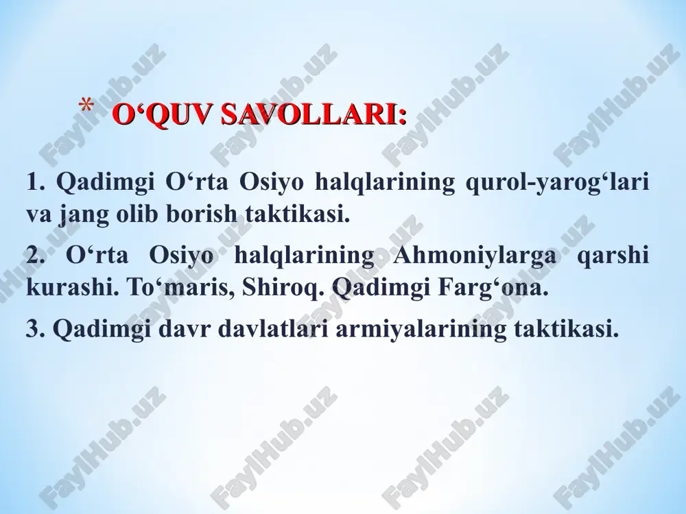 , massagetlar, xorazmliklar va baqtriyaliklarning temirdan yasalgan ikki tomoni ham kesadigan uzun shtangasimon dastali uzun qilichlar (uzunligi 1,2 m) paydo bo‘lgan tog‘li o‘lkali sak jangchisi kushonlar jangchisi so‘g‘diona jangchilari skiflar jangchilari * qadimgi baqtriya podsholigi xalqlarining harbiy anjomlari qadimgi sharq davlatlari harbiy san’atining erishgan yutuqlari hisobidan ancha takomillashdi. m.a. iv asrda o‘rta osiyoning qurolsozlik ishi o‘zining yuqori rivojlanish darajasiga erishdi. jangchilar hujum qurollarini mohirlik bilan ishlatganlar va dastasi qimmatbaho qilib bezatilgan temirdan yasalgan (ayrim hollarda bronzadan) xanjarlar va qilichlarni keng qo‘llaganlar. qo‘l jangida o‘rta osiyolik jangchilar akinak nomi bilan mashhur bo‘lgan kalta qilichlardan foydalanganlar. akinakni o‘ng tomonga taqib yurganlar. ularda uzun (1,2 m gacha) qilichlar ham bo‘lgan. jangda ko‘p hollarda jangovar boltalar–sigarislar qo‘llanilgan. bunday ikkala tomoni ham keskir jangovar boltalar qabrlarni qazish chog‘ida ko‘plab topilgan. * uzoqqa zarba beruvchi qurol sifatida, avvalom bor, kamonlar uning o‘qlari qo‘llanilgan. m.a. v asrdan o‘rta osiyoda skiflarlarnikidaqa murakkab tarkibga ega bo‘lgan kamon qo‘llanilgan. u …