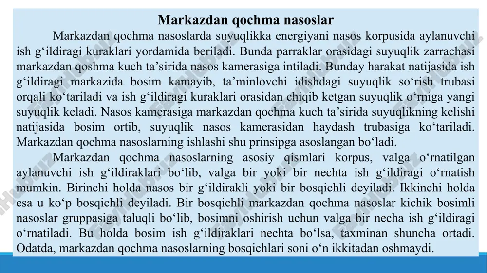 ladi. markazdan qochma nasoslarda hosil bo‘lgan bosim ish g‘ildiragining aylanish tezligiga bog‘liq. ish g‘ildiragi bilan korpus orasida kattagina tirqish bo‘lib, agar korpus suyuqlik bilan to‘ldirilmasa, g‘ildirak aylanishidan hosil bo‘lgan siyraklanish suyuqlikni ko‘tarishga yetarli bo‘lmaydi. shuning uchun markazdan qochma nasoslarni ishga tushirishdan oldin uning korpusi suyuqlik bilan to‘ldiriladi. nasosni to‘ldirishda yoki qisqa vaqtga to‘xtaganida suyuqlik oqib ketmasligi uchun so‘rish trubasining suvga botirilgan qismida klapan o‘rnatilgan bo‘ladi. o’qiy nasoslar suyuqlik oqimi ishchi g’ildiragi o’qi bo’yicha harakatlanadigan nasoslar o’qiy nasoslar deb nomlanadi. o’qiy nasoslar gorizontal, vertikal va qiya valli, bir va ko’p g’ildirakli tuzilishda ishlab chiqariladi. respublikamiz va hamdo‘stlik davlatlari xalq xo’jaligida, shuningdek suv xo’jalik tizimlarida asosan bir g’ildirakli o’qiy nasoslar keng qo’llaniladi. bir g’ildirakli o’qiy nasoslarni suv uzatishi q=0,072...54 m3/s va bosimi h = 2,5...28 m chegaralarda bo’lib, tuzilishi bo’yicha ikki xil turda tayyorlanadi: -o turdagi nasoslar: ishchi g’ildiragi diametri d 870 mm, kuraklari buriluvchan va ish bo’linmasi sfera shaklida (op-«osevoy, povorotno-lopastnoy»). …