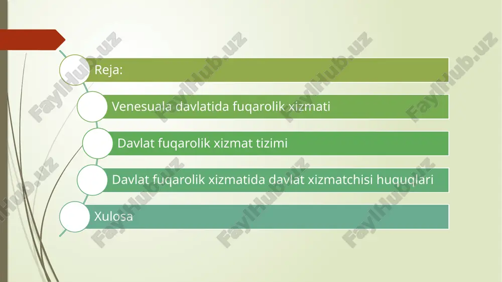 arolik va migratsiya direktorati orqali amalga oshiriladi. bu organ, fuqarolikni olish, hujjatlarni yangilash (pasportlar, id kartalar), fuqarolikni tasdiqlash va boshqa xizmatlarni taqdim etadi. 5. o'rta va uzoq muddatli resurslar: venesuela fuqaroligi xizmati, shuningdek, mamlakatdan chiqish va kirish tartibini ham belgilaydi. mamlakatning ichki migratsiyasini tartibga solish hamda fuqarolarga xizmat ko'rsatish maqsadida davlat organlari chet elga chiqqan fuqarolarni va vataniga qaytganlarni ham hisobga oladi. 6. boshqa huquqlar: venesuela fuqarosi bo'lgan shaxslar, shuningdek, siyosiy huquqlar (saylovda qatnashish), ijtimoiy va iqtisodiy huquqlar (sog'liqni saqlash, ta'lim, mehnat huquqlari)dan foydalanishlari mumkin. venesuela davlatida davlat fuqarolik xizmati tizimi (yoki "servicio público" va "función pública") davlat xizmatchilari orqali fuqarolarga xizmat ko‘rsatish, davlat boshqaruvi va ijtimoiy xizmatlar tizimini boshqarish uchun tashkil etilgan tizimdir. bu tizim fuqarolarning davlat xizmatlaridan foydalanish huquqlarini ta'minlash, davlatning samarali ishlashini ta'minlash va ijtimoiy, siyosiy hamda iqtisodiy barqarorlikni qo‘llab-quvvatlash uchun zarur. venesuela davlat fuqarolik xizmati tizimi quyidagi asosiy jihatlardan iborat: 1. tizimning asosiy tuzilishi davlat fuqarolik …