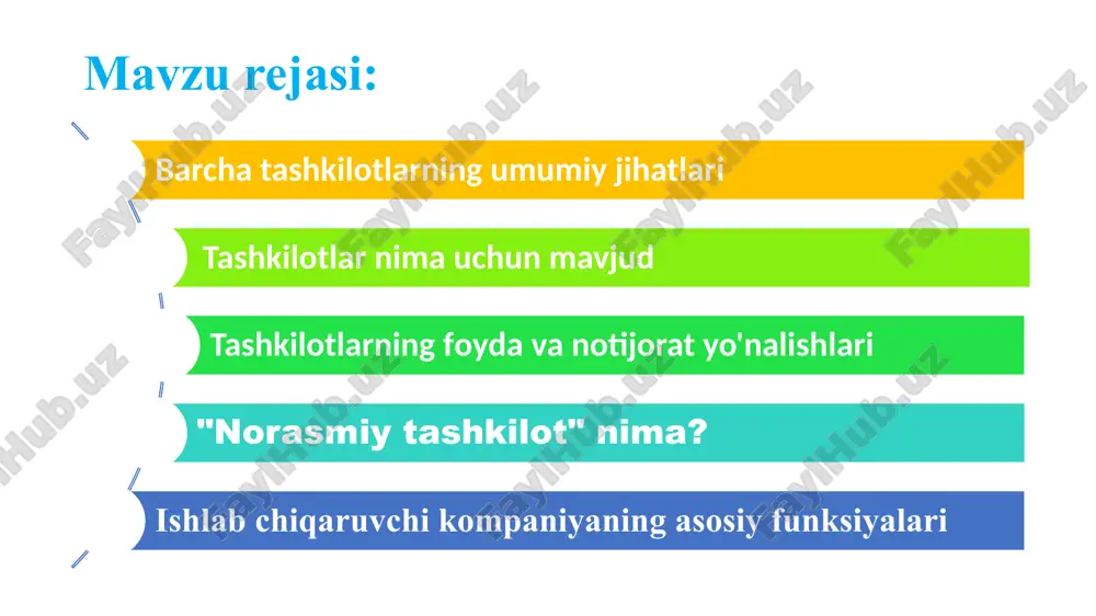 ashkilotlari davlatga tegishli. (b) nazorat qilish. ba'zi tashkilotlar egalarining o'zlari tomonidan nazorat qilinadi, asosiy tashkilotlarning ko'pchiligi egalarining nomidan ishlaydigan odamlar tomonidan nazorat qilinadi. ulardan ba'zilari davlat tomonidan homiylik qilinadigan nazorat qiluvchi organlar tomonidan bilvosita nazorat qilinadi. (c) faoliyat. tashkilotlar aslida faoliyat turi jihatdan juda farq qilishi mumkin. bu, masalan, ishlab chiqarish tashkilotlari yoki sog'liqni saqlash xizmati bo'lishi mumkin. (d) foyda yoki notijorat faoliyatga e'tibor qaratish. ba'zi korxonalar foyda olish uchun mavjud. boshqalar, armiya kabi, foyda olish uchun emas. (e) huquqiy maqom. tashkilotlar mas'uliyati cheklangan jamiyatlar yoki shirkatlar bo'lishi mumkin. (f) hajmi. biznes kichik oilaviy biznes yoki ko'p millatli korporatsiya bo'lishi mumkin. g) moliyalashtirish manbalari. korxonalar banklardan qarz olish yoki davlat mablag'lari yoki aktsiyalarni chiqarish yo'li bilan moliyalashtirishi mumkin. (h) texnologiya. kompaniyalar texnologiyadan foydalanishning turli darajalariga ega. misol uchun, kompyuter firmalari texnologiyadan keng foydalanadilar va burchak do'konlar esa juda kam. tashkilotlar turli yo’nalishlarda faoliyat yuritadilar. sanoat faoliyat qishloq xo'jaligi oziq-ovqat mahsulotlarini …