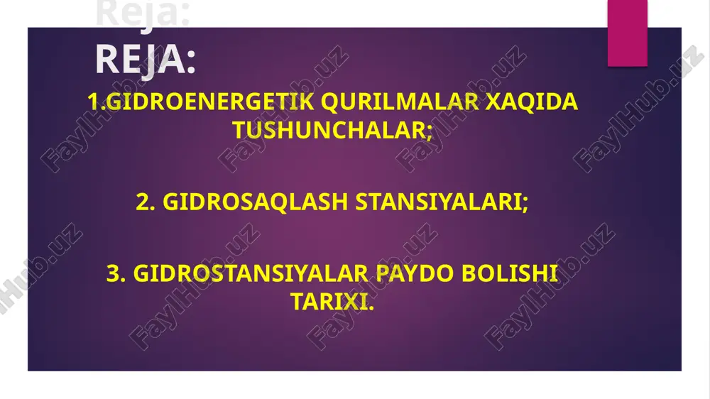 ika salohiyati va iqtisodiy gidroenergetika salohiyatiga tasniflanadi.[1][2] gidroenergetika potentsialidagi o'zgarishlar doirasi mintaqalar va dunyo mamlakatlari bo'yicha sezilarli darajada farqlanadi. shunday qilib, ees eaec[3] ma'lumotlariga ko'ra, dunyo mintaqalarida maksimal nazariy gidroenergetika potentsiali osiyo va okeaniyada (yiliga 15606 tvt) va eng kami yaqin sharqda (yiliga 690 tvt/soat) hisoblanadi. . dunyoning yirik mamlakatlari uchun farq ikki kattalik darajasidan oshadi, xususan: xitoy - 6083 tvt / yil (maksimal) va janubiy koreya - 52 tvt / yil (minimal). gidroelektrostansiyalar[tahrirlash | kodni tahrirlash] ges (ges) - suvning mexanik energiyasini elektr energiyasiga aylantiruvchi elektr stansiyasi.[1] 2018 yil yakunlari bo'yicha dunyo mintaqalaridagi elektr stansiyalarining o'rnatilgan quvvatlari tarkibida geslar ulushi yaqin sharqdagi 5,2 foizdan markaziy va janubiy amerikadagi deyarli 51 foizgacha bo'lgan. yirik mamlakatlarning oʻrnatilgan quvvatlari tarkibida bu ulushning oʻzgarishi diapazoni, masalan, braziliya – geslar ulushi 63,7% ga etadi, saudiya arabistonida esa geslar yoʻq. dunyo mamlakatlaridagi (179 ta davlat) gidroelektrostantsiyalarning eng katta ulushi deyarli 100% ni tashkil etgan paragvayga …
