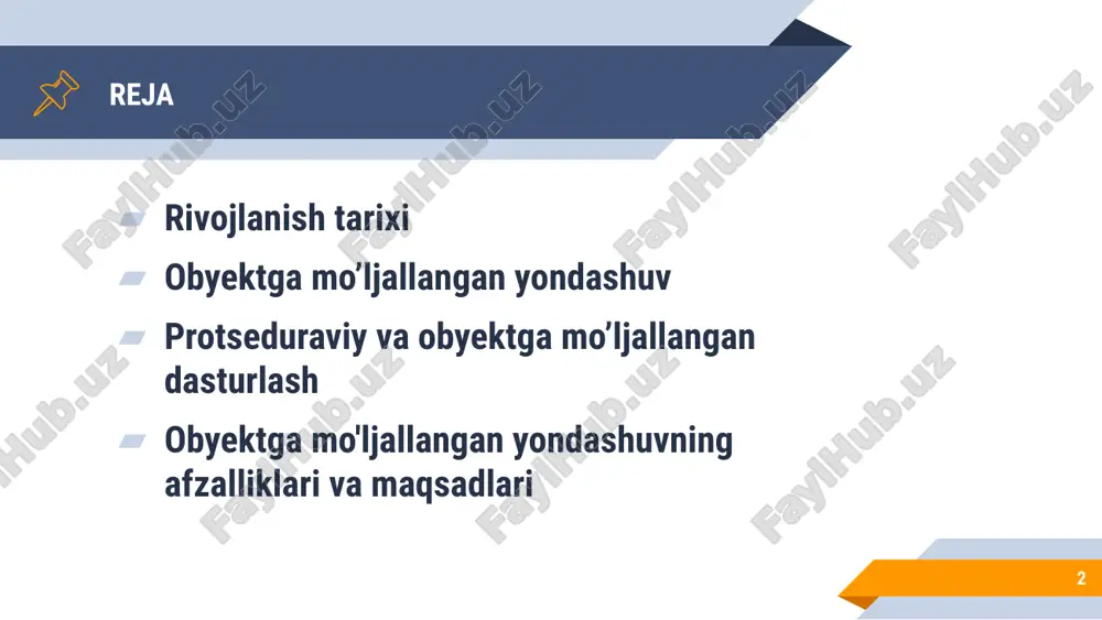 'ektga yo'naltirilgan paradigmani amalga oshiradigan amaliy dasturlash tillari soni (tillar ro'yxati) boshqa paradigmalarga nisbatan eng katta hisoblanadi. sanoatdagi eng keng tarqalgan tillar (c++, delphi, c#, java va boshqalar) simula obyekt modelini o'zida mujassam etgan. smalltak modeliga asoslangan tillarga misollar: objective-c, python, ruby. obyektga mo’ljallangan yondashuv 7 obyektga mo'ljallangan yondashuv (omy) dasturiy ta’minotning tabiiy rivojidagi navbatdagi pog‘onadir. vaqt o'tishi bilan qaysi uslublar ishlash uchun qulay-u, qaysinisi noqulay ekanini aniqlash oson bo'lib bordi. omy eng muvaffaqiyatli, vaqt sinovidan o‘tgan uslublarni o'zida samarali mujassam etadi. obyektga mo’ljallangan yondashuv 8 dastlab dasturlar kommutatsiya bloki orqali kompyuterning asosiy xotirasiga to‘g‘ridan to‘g‘ri kiritilar edi. dasturlar mashina tillarida ikkilik tasavvurda yozilar edi. dasturlarni mashina tilida yozishda tez-tez xatolarga yo'l qo'yilar edi, buning ustiga ularni tizimalashtirishning imkoni bo'lmagani tufayli kodni kuzatib borish amalda deyarli mumkin bo’lmagan hol edi. bundan tashqari, mashina kodlaridagi dasturni tushunish g’oyat murakkab edi. obyektga mo’ljallangan yondashuv 9 vaqt o‘tishi bilan kompyuterlar tobora kengroq qo'llana …