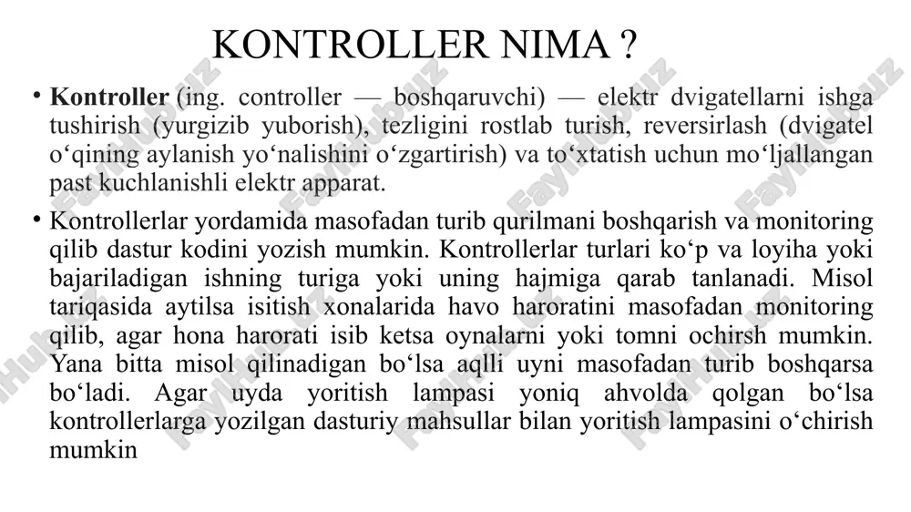 kirish, 16mgsli kvarsli generator, usb porti, kuchlanish porti, icsp porti va qayta yuklash tugmasidan iborat. "uno" so'zi italyanchada bir degan ma'noni anglatadi. bu bejis emas, arduino uno yaratuvchilari bu yangi kontroller arduino kontrollerlar oilasida yangi burilish va yangi flagman yaratishga harakat qilishgan va buni uddalaganlar. sababi, arduino uno arduino kontrollerlar oilasidagi boshqa versiyalariga nisbatan ancha ixcham, qulay, tez, oddiy va albatta arzonroq hisoblanadi. bundan tashqari, arduino uno qurilmasi unga ulangan usb yoki tashqi manbadan kuchlanish olishi mumkin. bunda, agar manba bir nechta bo'lsa, ulardan biri avtomatik tanlanadi. arduino uno kontrolleri asosi atmega328 mikrokontrolleridan tashkil topgan. bu mikrokontroller 32 kb flesh xotiraga, undan 0.5 kb qismi yuklovchi uchun ajratilgan, bundan tashqari 2 kb tezkor xotiraga va 1 kb eepromga ega. 14 ta raqamli chiqishning har biri yoki kirish yoki chiqish uchun sozlash mumkin. arduino uno ning umumiy ko‘rinishi arduino - bu unchalik katta bo'lmagan plata bo'lib o'zining protsessori (mikrokontrolleri) va xotirasiga …