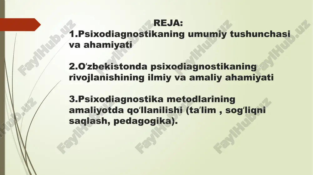 gnostika metodlari milliy mentalitet va madaniy xususiyatlarni hisobga olgan holda ishlab chiqilmoqda. bu, oʻz navbatida, ilmiy tadqiqotlar uchun muhimdir. 3. malakali kadrlar tayyorlash: psixodiagnostika boʻyicha mutaxassislarni tayyorlash ilmiy tadqiqotlarning sifatini oshirish va yangi texnologiyalarni joriy qilish imkonini beradi. amaliy ahamiyati: 1. tarbiyaviy jarayonlar: maktab va boshqa taʼlim muassasalarida bolalarning psixologik xususiyatlarini aniqlash va ularga mos taʼlim usullarini tanlashga yordam beradi. 2. kadrlar tanlash: korxona va tashkilotlarda xodimlarning moslashuvchanligini va qobiliyatlarini baholash uchun psixodiagnostika usullari keng qoʻllaniladi. 3. salomatlikni saqlash: stress, depressiya va boshqa psixologik muammolarni erta aniqlash va ularga yechim topishda tibbiyotda psixodiagnostikaning ahamiyati katta. 4. jinoyatchilik profilaktikasi: huquqni muhofaza qilish organlarida shaxsning psixologik xususiyatlarini oʻrganish orqali jinoyatchilikni oldini olishda qoʻllaniladi. psixodiagnostika metodlarining amaliyotda qoʻllanilishi psixologik jarayonlarni aniqlash va muammolarni hal qilishga xizmat qiladi. ushbu metodlar taʼlim, sogʻliqni saqlash va pedagogikada keng qoʻllanilib, har bir sohada oʻziga xos ahamiyatga ega. 1. taʼlim sohasida psixodiagnostika qoʻllanilishi: oʻquvchilarning qobiliyatlarini baholash: psixodiagnostika testlari …