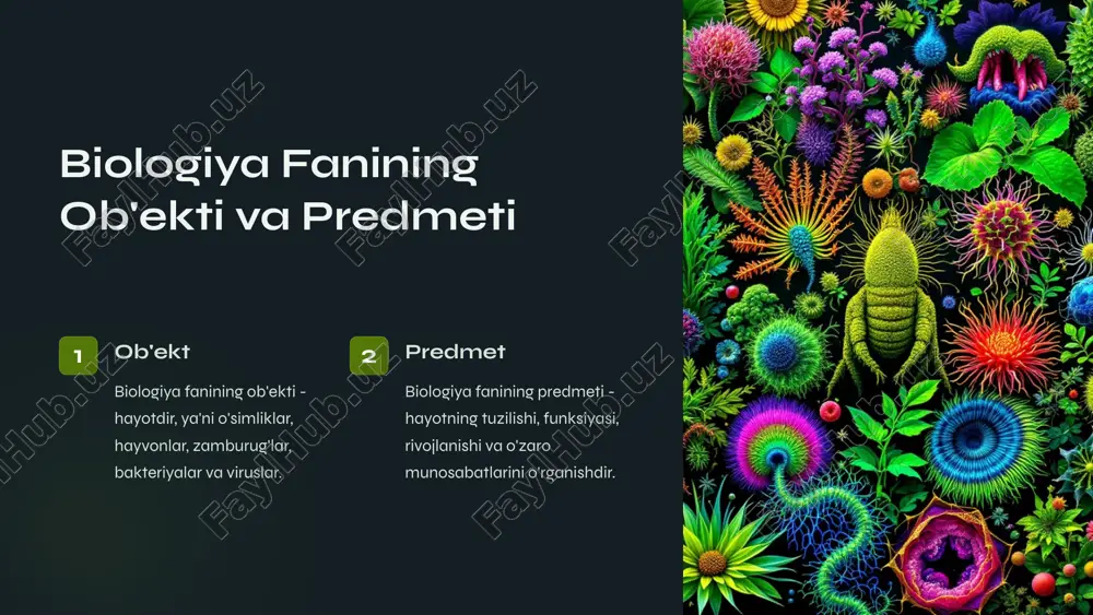 g hayot sifatiga salbiy ta'sir ko'rsatadi. 7 biologik turlar va ularning xilma-xilligi turlar xususiyatlar o'simliklar fotosintez, kislorod ishlab chiqarish, oziq-ovqat manbai. hayvonlar harakatlanish qobiliyati, oziq-ovqat zanjiri, ekotizimning muvozanatini saqlash. mikroskopik organizmlar ayrim xususiyatlarga ega, ekologik muvozanatni ta'minlashda rol o'ynaydi. 8 biologik ta'limning ta'lim sifati va samaradorligini oshirishdagi roli ilmiy fikrlash muammolarni hal qilishda ilmiy usullarni qo'llash. bilim olish tabiat va hayot haqida chuqur bilimlar olish. atrof-muhitga mehr tabiatni himoya qilish va atrof-muhitni muhofaza qilish. samaradorlik ta'limning sifati va samaradorligini oshirish. 9 xulosa va takliflar maktab o'quv rejasidagi biologik ta'lim yosh avlodning bilim darajasini oshirish, atrof-muhitga munosabatini shakllantirishda muhim rol o'ynaydi. bu borada ta'limning sifati va samaradorligini oshirish uchun zamonaviy usullarni qo'llash, laboratoriya bazasini rivojlantirish, tajriba-amaliy mashg'ulotlarni kuchaytirish kerak. 10 image1.png image2.png image3.png image4.png image5.png image6.png image7.png image8.png image9.png image10.png image11.png image12.png image13.png image14.png image15.png image16.png image17.png image18.png image19.png