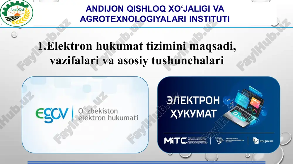 an, davlat organlarining vazifalarini bajarish bo'yicha ular tomonidan ko'rsatiladigan hizmat. agar qonun hujjatlariga muvofiq davlat xizmatlari ko'rsatish funksiyalari boshqa tashkilotlar zimmasiga yuklatilgan bo'lsa, ular ham davlat xizmatini ko'rsatishlari mumkin; elektron hukumat - davlat organiga so'rov bilan murojaat etgan jismoniy yoki yuridik shaxs; - ariza beruvchining davlat xizmati ko'rsatilishi to'g’risida davlat organlariga yuboriladigan talabi; har bir jismoniy va yuridik shahsga, kadastr va ko'chmas mulk ob'ektlariga, geografik va boshqa ob'ektlarga beriladigan, ularni elektron hukumatda identifikatsiyalash imkonini beruvchi noyob kodlar; davlat organlari o'rtasida axborot-kommunikatsiya texnologiyalari vositasida ma'lumotlar almashish; - vazirlar mahkamasining 25.01.2013 yil, 18-sonli qarorida «elektron hukumat» tushunchasiga, o'zbek tilida ta'rif berildi. «elektron hukumat» tizimi axborot kommuniatsion texnologiyalarni qo'llash yo'li bilan yuridik va jismoniy shahslar tomonidan davlat xizmatlari hamda davlat organlarining faoliyati natijalari to‘g’risida axborot olish (almashish) tezkorligi va qulayligining sifat jixatdan yangi darajasini ta'minlovchi davlat organlarining faoliyatini tashkil qilish shaklidir. elektron hukumat tushunchasi * 4. davlat organlarining hujjatlarini bir xillashtirish; 5. elektron …