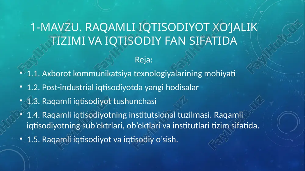 da, elektron iqtisodiyot atamasini akt muhitida shakllantiriladigan va joriy qilanadigan moddiy boyliklarni ishlab chiqarish, taqsimlash, almashinish va yakuniy iste'mol qilish sohasidagi iqtisodiy munosabatlar to'plami sifatida joriy etish zarurati paydo bo'ldi. 1.2. post-industrial iqtisodiyotda yangi hodisalar ba'zi bir mualliflar yuqorida sanab o'tilgan atamalarni yangi iqtisodiyot tushunchasiga birlashtirishga harakat qildilar – bu post-industrial, post-iqtisodiy rivojlanish bosqichi sinonimi bo’lib, bunda iqtisodiyotning an'anaviy sektori yangi elementlar bilan birlashtiriladi va u butun tizimga tubdan boshqacha sifat beradi. bu yangi yuqori texnologiyalar sohasi iqtisodiyoti bo’lib, unda bilimlarni ishlab chiqarish iqtisodiy o'sish manbai hisoblanadi. raqamli iqtisodiyot umumlashtiruvchi tushuncha sifatida paydo bo'ldi, u nafaqat sanab o’tilgan barcha iqtisodiyotlarning xususiyatlarini, balki raqamli iqtisodiyotning sifat jihatidan aniqligini tavsiflovchi bir qator umumiy farqlanuvchi xususiyatlarni ham o'z ichiga oladi. 1.3. raqamli iqtisodiyot tushunchasi raqamli iqtisodiyot - bu davlat, ishbilarmon doiralar va fuqarolar o'rtasidagi ijtimoiy, madaniy, iqtisodiy va texnologik munosabatlar tizimi bo’lib, global raqamli makonda ishlab chiqarishning raqamli turlari va shakllarini yaratish va …