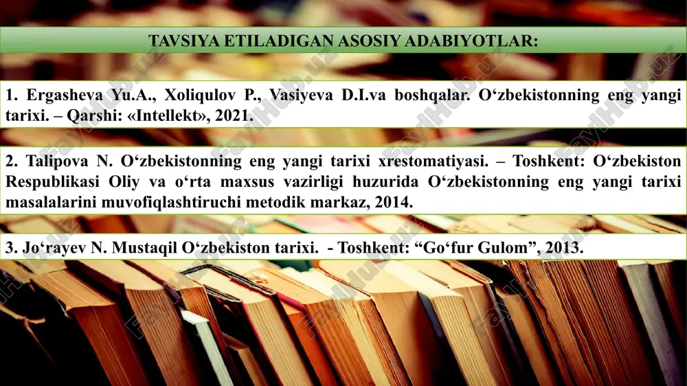 yangi tarix”, o‘zbekistonning eng yangi tarixi fani predmeti, ilmiylik, xolislik, tarixiylik, o‘zbekistonning eng yangi tarixini davrlashtirish, madaniy yuksalish, sivilizatsiya, renessans. industrial sivilizatsiya – bu sanoat va fan-texnika taraqqiyotiga asoslangan sivilizatsiya sivilizatsiya (lot. cuvilis) – fuqarolikka, davlatga taalluqli) jahon tarixida “eng yangi tarix” tushunchasi va uning izohi «eng yangi tarix» kishilik jamiyati rivojlanishida industrial sivilizatsiyadan postindustrial sivilizatsiyaga o‘tish davri sifatida qaraladi. eng yangi davr tarixida nisbatan mustaqil bo‘lgan uchta bosqichni ajratib ko‘rsatish mumkin. birinchi bosqich 1918 – 1945-yillar– industrial jamiyat ijtimoiy-siyosiy tizimi inqirozining boshlanishi davri. ikkinchi bosqich 1945 – 1991-yillarni o‘z ichiga oladi. 1991-yildan boshlangan uchinchi bosqich xalqaro munosabatlarda shakllangan ikki qutbli tizimning inqirozi, sotsialistik tizimning barbod bo‘lishi, sssrning tarqalib ketishi va sobiq sovet respublikalarining mustaqil taraqqiyot yo‘liga kirishi bilan boshlanadi o‘zbek xalqining mustaqillikka erishish ostonasidan boshlab to hozirgi kunlargacha, tarixan qisqa davr bo‘lsada asrlarga tatugulik bosib o‘tgan hayotiy yo‘lini, doimo rivojlanib, boyib boruvchi, ijtimoiy–siyosiy, iqtisodiy, ma’naviy–ma’rifiy, madaniy hayotini xolisona o‘rganish, …