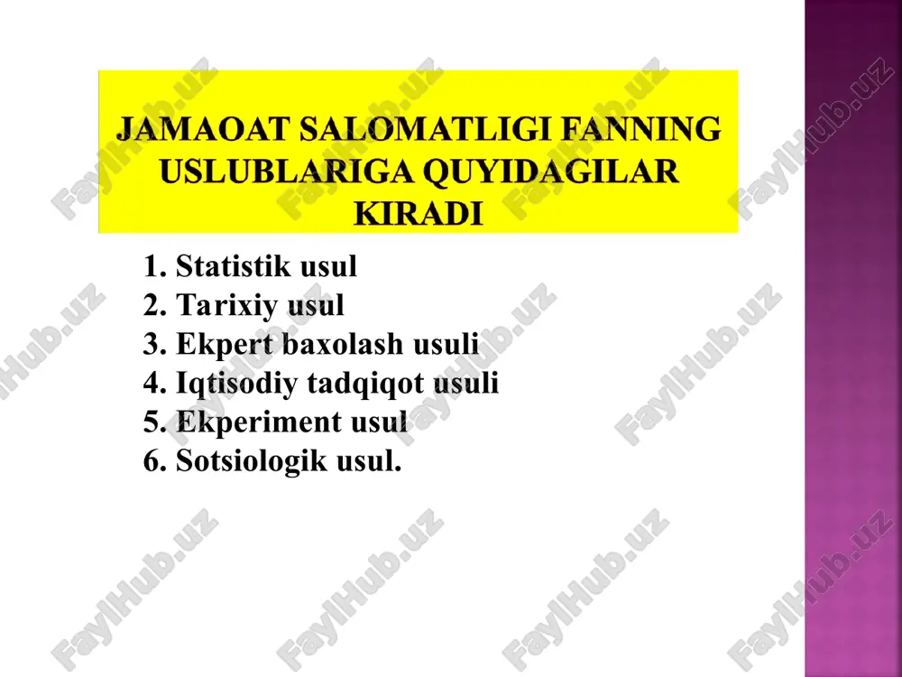 digan tadqiqotlarda (nisbatan kichik kuzatuvlar soniga ega bo‘lganda) tibbiyot statistikasi - statistika fanining bir tarmog‘i va ijtimoiy gigiena hamda sog‘liqni saqlashni tashkil qilish jarayonida muxim usullaridan biri bo‘lib hisoblanadi. shu sababli, tibbiyot statistikasi statistikaning umumiy prinsiplarini va usullarini o‘z vazifalariga kiritadi, hamda ayrim vaqtda o‘zining xususiy usullarini ishlab chiqadi va yaratadi. statistik usullar keng qo‘llaniladi tabobatda – bu maxsus tibbiyot muammolarda – klinik tekshirishlar, laborator – eksperimental, gigienik, epidemiologik. sanitar statistika 2 ta qismdan iborat: uslubiy (metodik) – bu tekshirish usullari (ko‘rsatkichlar,koeffitsientlar). moddiy (material) moddiy qismi – assosiy son ma’lumotlarni yig‘indisidir. bu aholi sog‘lig‘i haqida ma’lumotlar, hamda sog‘liqni saqlash ishlari haqida ma’lumotlar va ularni taxlili, xulosalari. statistikada hamda har bir vrachni ish faoliyatida xisob va hisobot asosiy o‘rin egallaydi. xisob (uchet) – bu birlamchi ro‘yxatga olish, xar kungi vrachni ish faoliyati (hujjat to‘ldirish, ko‘rsatkichlar echish va h.k). xisobot (otchetnost) – bu har kungi va muntazam (sistematik) ravishda statistik ma’lumotlarni (svodka) …
